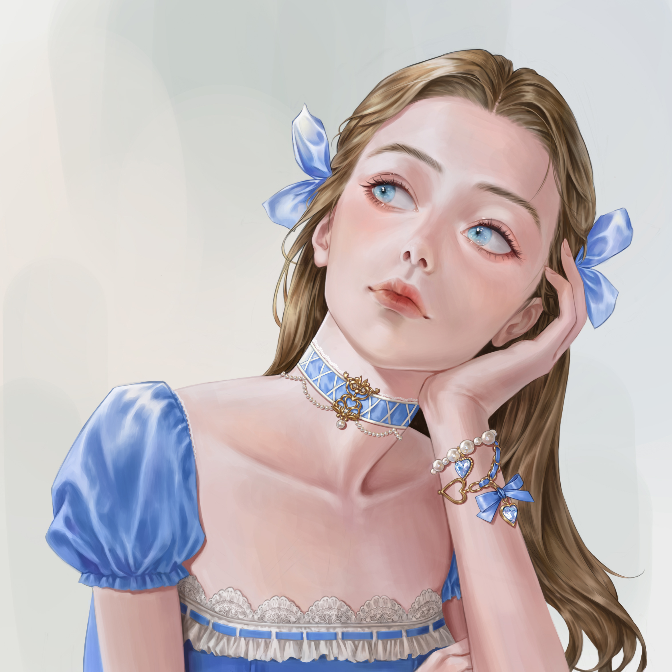 original, commentary, english commentary, highres, 1girl, blue bow, blue collar, blue eyes, blue shirt, bow, bracelet, brown hair, charm (object), closed mouth, collar, collarbone, detached sleeves, eyelashes, forehead, frilled shirt, frills, grey background, hair bow, heart-shaped charm, jewelry, long hair, looking to the side, matta a, pearl bracelet, realistic, red lips, shirt, short sleeves, sideways glance, solo, straight hair, strapless, strapless shirt, upper body, wrist bow