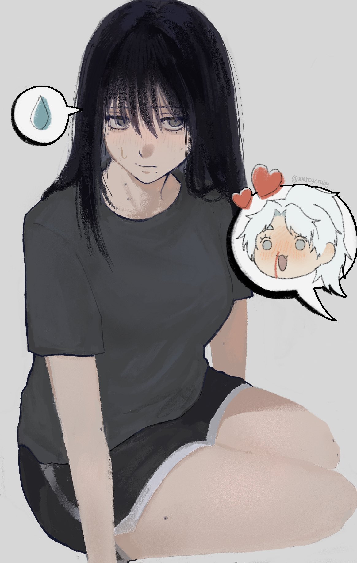 indou hikaru, tsujinaka yoshiki, hikaru ga shinda natsu, highres, 2girls, :d, black hair, blood, blush, eyelashes, genderswap, genderswap (mtf), grey background, grey eyes, grey shirt, heart, long hair, marcycraby, medium hair, multiple girls, nosebleed, open mouth, ponytail, shirt, short shorts, shorts, smile, spoken sweatdrop, sweatdrop, thighs, white hair