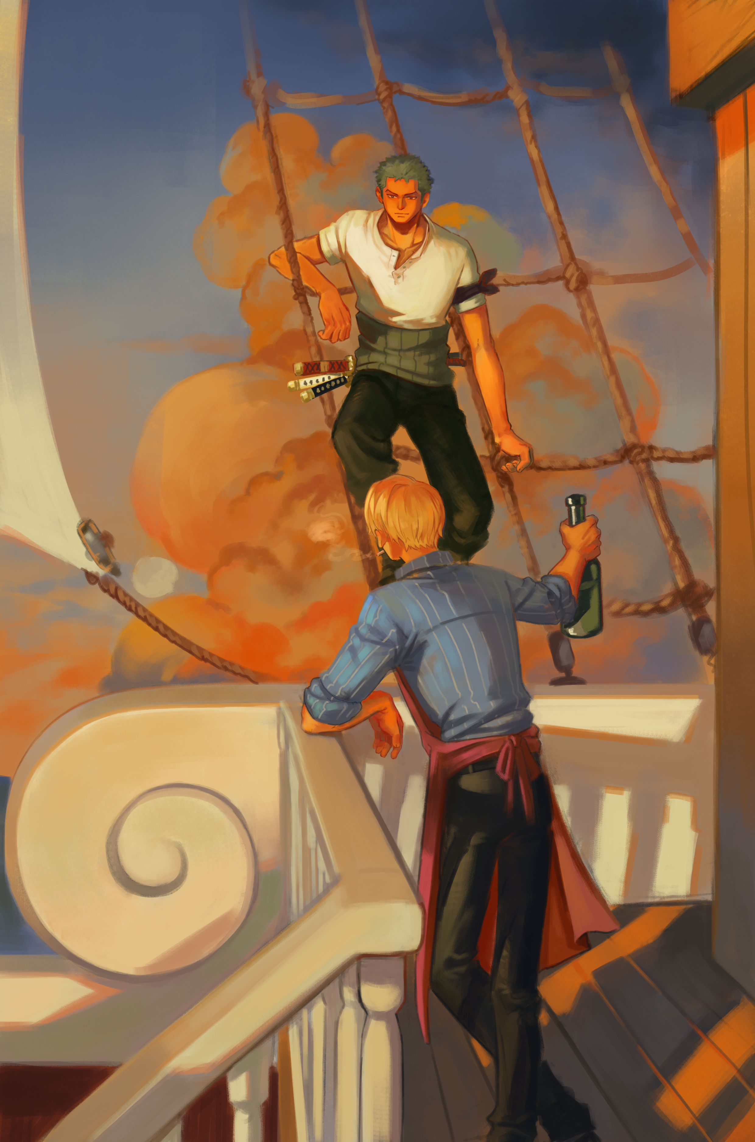 jennyandloiryan, roronoa zoro, sanji (one piece), one piece, absurdres, commentary, highres, 2boys, apron, black pants, blonde hair, blue shirt, bottle, cigarette, closed mouth, collarbone, green hair, holding, holding bottle, looking at another, male focus, multiple boys, net, pants, red apron, ship deck, shirt, short hair, smoking, striped clothes, striped shirt, sword, weapon, white shirt