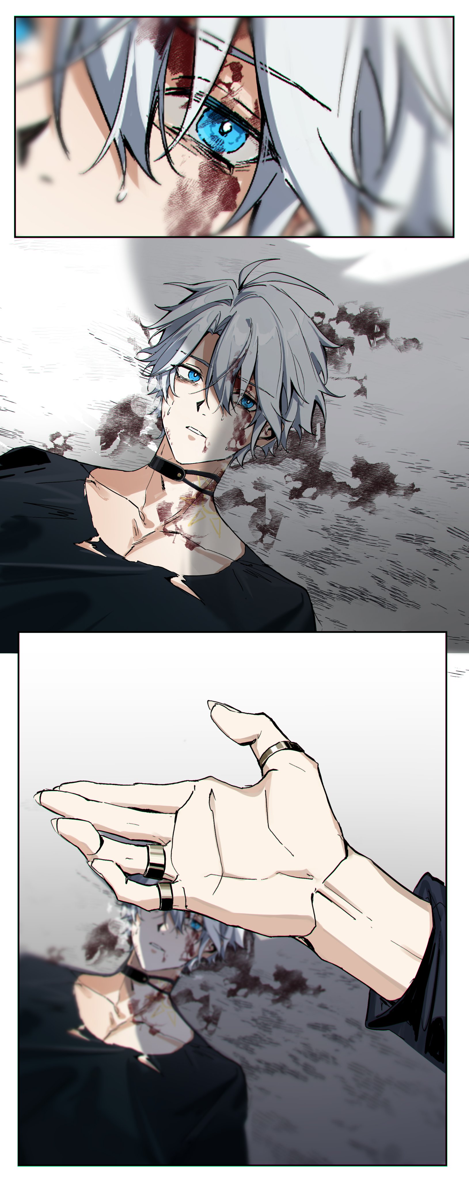 migan, mydei (honkai: star rail), phainon (honkai: star rail), honkai: star rail, honkai (series), absurdres, commentary, highres, 2boys, antenna hair, black choker, black shirt, blood, blood on face, blue eyes, choker, gold ring, jewelry, lying, male focus, multiple boys, multiple rings, neck tattoo, on back, pants, parted bangs, ring, shirt, short hair, solo focus, sun symbol, sun tattoo, tan, tattoo, torn clothes, torn pants, white hair