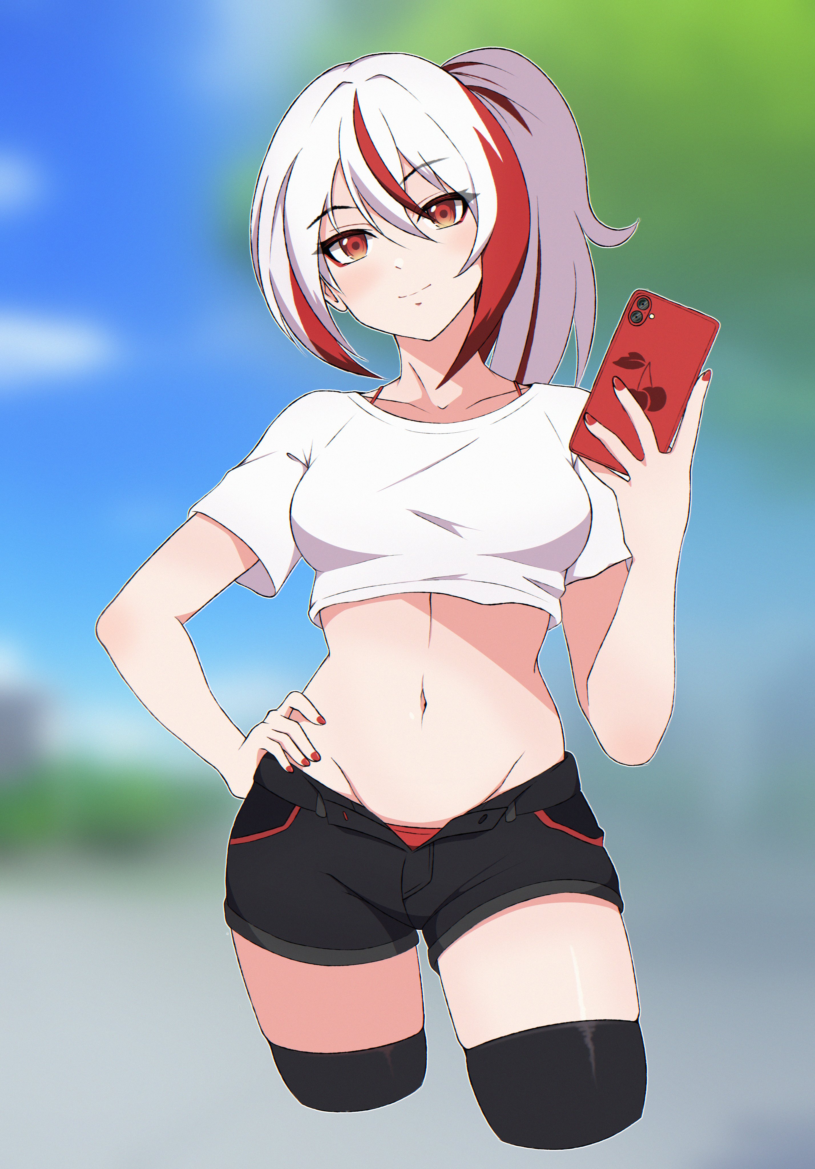 anb (anb draws), original, absurdres, highres, 1girl, black shorts, black thighhighs, blurry, blurry background, bra strap, cellphone, cowboy shot, crop top, cropped legs, cropped shirt, hand on own hip, holding, holding phone, midriff, minami (anb draws), multicolored hair, navel, open fly, panties, phone, ponytail, red eyes, red hair, red nails, red panties, shirt, short shorts, shorts, sidelocks, smartphone, smile, solo, streaked hair, t-shirt, thighhighs, two-tone hair, underwear, white hair