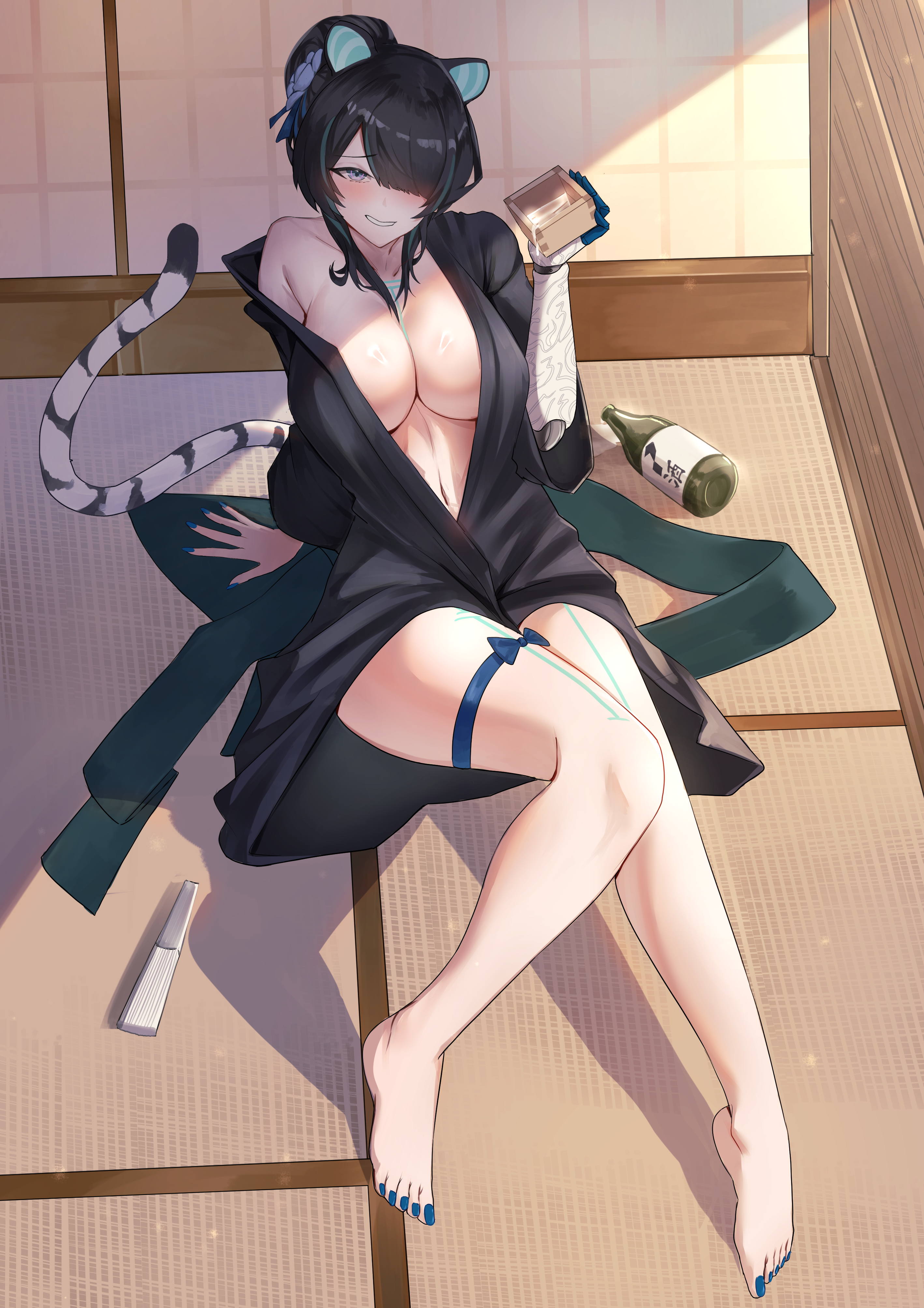 mchiefy, erina makina, phase connect, absurdres, commission, highres, 1girl, animal ears, barefoot, black hair, blue eyes, blue hair, blue nails, blush, breasts, drunk, feet, hair over one eye, hand fan, holding, japanese clothes, kimono, large breasts, mechanical arms, multicolored hair, nail polish, navel, on floor, open clothes, open kimono, short hair, single mechanical arm, smile, solo, streaked hair, tail, tiger ears, tiger girl, tiger tail, toenail polish, toenails, virtual youtuber, yukata