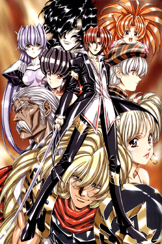urushihara satoshi, blunteer, bryntir (growlanser), crevaniel, crevanille (growlanser), eliza (growlanser), eliza mayfield, frane, frayne (growlanser), hien, hien (growlanser), leona (growlanser), regina (growlanser), rems, rems (growlanser), remus (growlanser), vallery, vallery (growlanser), growlanser, growlanser iv, plaid, annotated, official art, 4boys, 5girls, :d, age difference, animal ears, armlet, armor, bare shoulders, beret, big hair, bishounen, black hair, blonde hair, blunt bangs, blush, bodysuit, boots, breasts, bun cover, cat ears, cleavage, dark skin, double bun, everyone, facial hair, fangs, fur trim, glint, hair between eyes, hair bobbles, hair bun, hair ornament, hair over one eye, hairpods, half-closed eyes, hat, high heels, holding, holding weapon, impossible bodysuit, impossible clothes, jewelry, light smile, lipstick, long hair, looking at viewer, makeup, medium breasts, multiple boys, multiple girls, muscular, mustache, old, old man, open mouth, orange eyes, orange hair, pants, parted bangs, parted lips, pauldrons, puffy sleeves, purple hair, red eyes, red hair, scarf, shiny clothes, shirt, shoes, short hair, shoulder armor, sideburns, skin tight, smile, standing, sword, tan, tassel, thighlet, turtleneck, very long hair, weapon, white hair