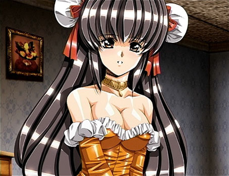 urushihara satoshi, eliza (growlanser), eliza mayfield, growlanser, growlanser iv, game cg, lowres, 1girl, alternate hair length, alternate hairstyle, bare shoulders, black hair, breasts, brown eyes, bun cover, ceiling, choker, cleavage, collarbone, detached sleeves, double bun, drawing (object), dress, female focus, frills, hair bun, indoors, jewelry, large breasts, long hair, looking at viewer, neck ring, orange dress, pendant, ribbon, shiny clothes, shiny skin, sidelocks, smile, solo, strapless, strapless dress, upper body, very long hair