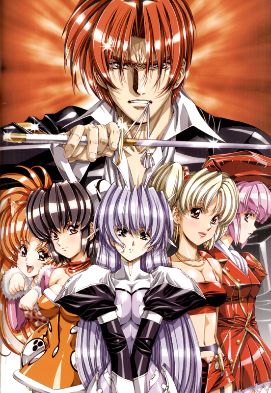 urushihara satoshi, crevaniel, crevanille (growlanser), diana silverneil, dianna silvernale, eliza (growlanser), eliza mayfield, frane, frayne (growlanser), leona (growlanser), regina (growlanser), silvernale, growlanser, growlanser iv, light purple hair, official art, 1boy, 5girls, :d, angry, animal ears, animal print, armlet, armor, bare shoulders, belt, big hair, black hair, blonde hair, blue eyes, blunt bangs, bodysuit, breasts, breasts squeezed together, bun cover, buttons, camisole, cat ears, choker, cleavage, clenched teeth, collared shirt, covered erect nipples, crop top, double bun, dress, earrings, everyone, faulds, fur trim, garter belt, garter straps, gauntlets, glint, green eyes, hair bobbles, hair bun, hair ornament, hairpods, hat, headgear, holding, holding weapon, hoop earrings, impossible bodysuit, impossible clothes, jewelry, lace, large breasts, leopard print, light smile, lineup, lipstick, long hair, long sleeves, looking at viewer, makeup, midriff, military, military uniform, miniskirt, mouth hold, multiple girls, narrow waist, navel, necklace, open mouth, orange dress, orange eyes, orange hair, orange skirt, parted bangs, parted lips, paw pose, petticoat, pink hair, pleated skirt, puffy long sleeves, puffy sleeves, purple hair, red eyes, red hair, scarf, serious, shiny clothes, shirt, short dress, short hair, short shorts, short twintails, shorts, skin tight, skirt, small breasts, smile, strapless, strapless dress, sword, tassel, taut clothes, teeth, turtleneck, twintails, v arms, very long hair, weapon