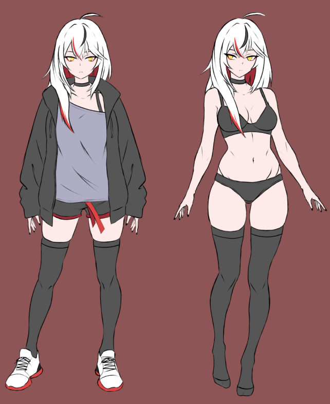 anb (anb draws), original, commentary, english commentary, 1girl, black bra, black choker, black hair, black hoodie, black panties, black shorts, black thighhighs, bra, breasts, brown background, choker, colored inner hair, frown, grey shirt, hip bones, hood, hoodie, medium breasts, minami (anb draws), multicolored hair, navel, off-shoulder shirt, off shoulder, panties, red hair, shirt, shoes, short shorts, shorts, sleeves past wrists, sneakers, streaked hair, thighhighs, underwear, white hair, white shoes, yellow eyes