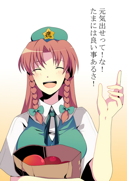 harano, hong meiling, embodiment of scarlet devil, touhou, translated, 1girl, braid, expressive clothes, female focus, groceries, long hair, solo, twin braids
