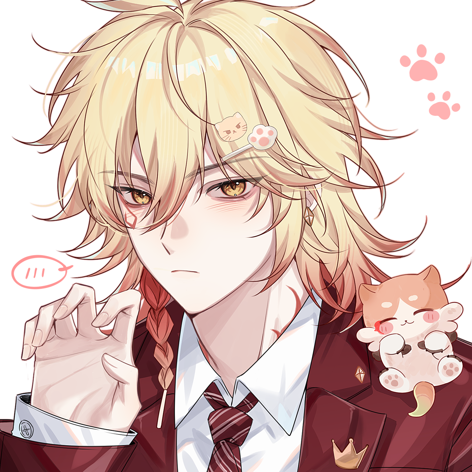 mydei (fig stew) (honkai: star rail), mydei (honkai: star rail), honkai: star rail, honkai (series), chinese commentary, commentary request, highres, 1boy, blonde hair, braid, chimera (honkai: star rail), collared shirt, dayang36651, facial tattoo, gradient hair, jacket, layered sleeves, male focus, medium hair, multicolored hair, neck tattoo, necktie, red hair, red jacket, red necktie, red tattoo, shirt, side braid, simple background, solo, spoken blush, tattoo, white background, white shirt, yellow eyes