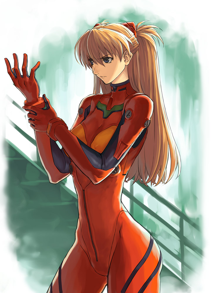 ran'ou (tamago no kimi), souryuu asuka langley, neon genesis evangelion, >:(, 1girl, angry, blue eyes, blurry, bodysuit, bracer, breasts, brown hair, covered erect nipples, curvy, depth of field, female focus, frown, gloves, hair between eyes, hair ornament, half updo, hand up, hip bones, holding own arm, long hair, mecha pilot suit, medium breasts, orange hair, plugsuit (evangelion), railing, skin tight, solo, stairs, standing, turtleneck, two side up, v-shaped eyebrows, wide hips