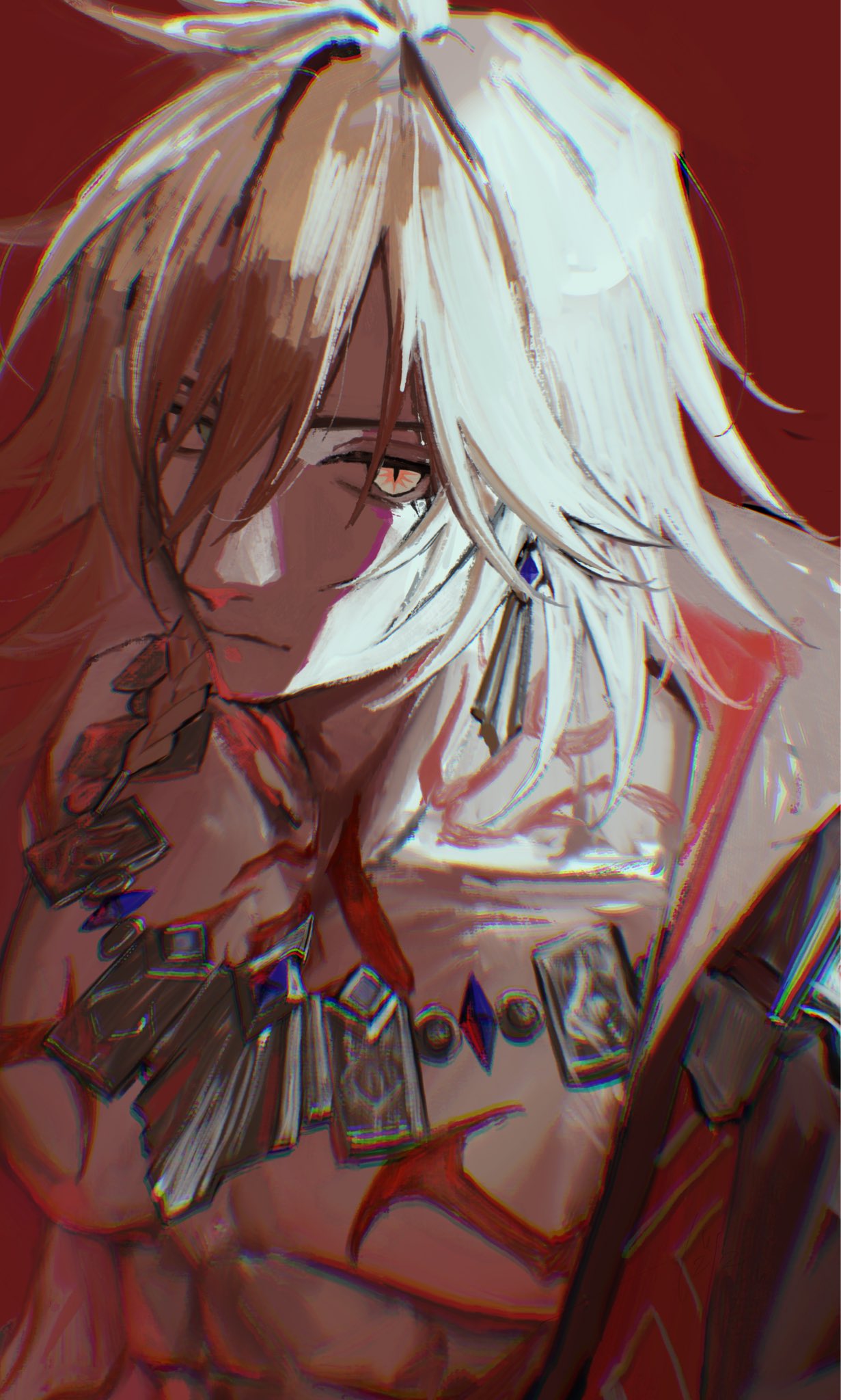 dabodabonogomu, mydei (honkai: star rail), honkai: star rail, honkai (series), commentary, highres, symbol-only commentary, 1boy, abs, black coat, blonde hair, braid, chest tattoo, coat, earrings, facial tattoo, gold earrings, gold necklace, gradient hair, jewelry, male focus, medium hair, multicolored hair, necklace, open clothes, open coat, red hair, red tattoo, side braid, solo, tattoo, toned, toned male, yellow eyes
