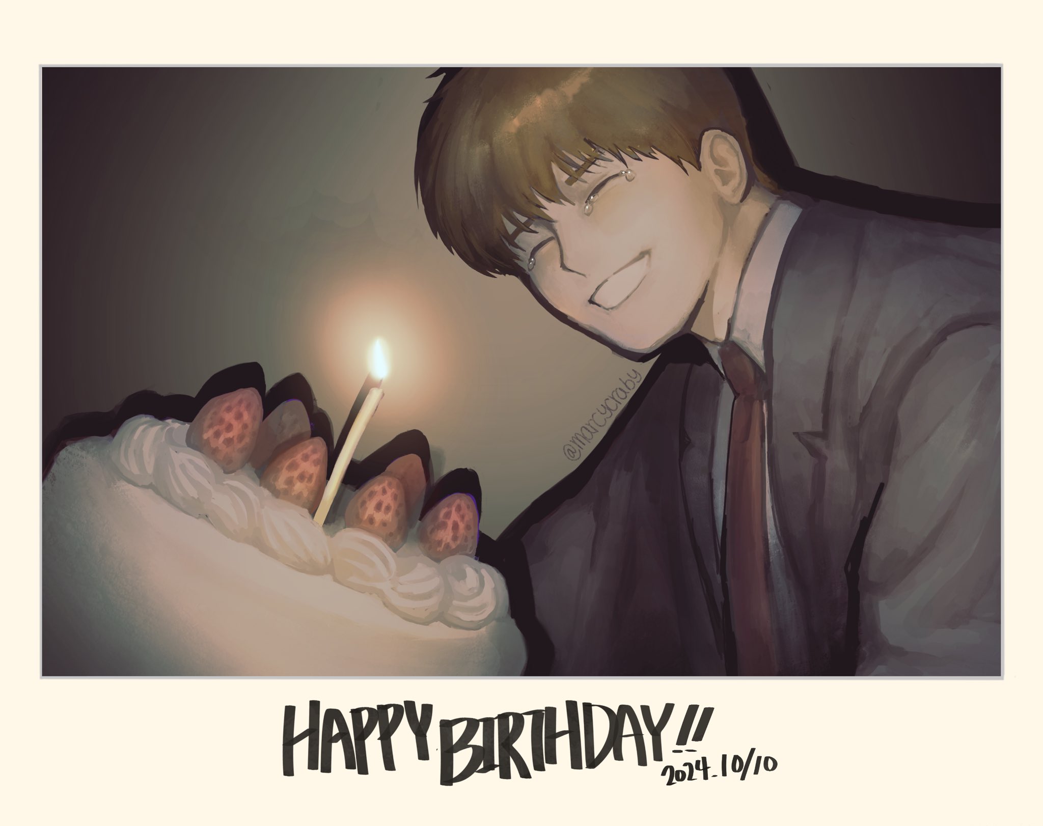 reigen arataka, mob psycho 100, highres, blonde hair, cake, candle, closed eyes, cream, dated, food, formal clothes, fruit, grey suit, grin, happy birthday, marcycraby, necktie, red necktie, short hair, smile, solo, strawberry, suit, tearing up, twitter username, upper body