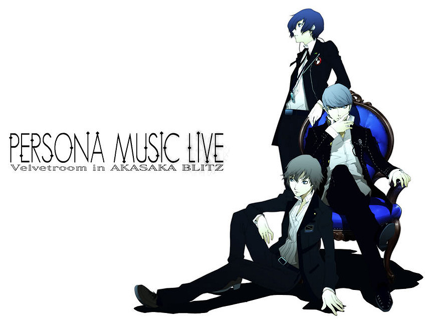 kanzato shin, narukami yu, yuuki makoto (persona 3), atlus, persona, persona 3, persona 4, persona trinity soul, 00s, 3boys, blue hair, chair, digital media player, digital walkman, headphones, male focus, multiple boys, poster (medium), school uniform, sitting, walkman nw-s203f