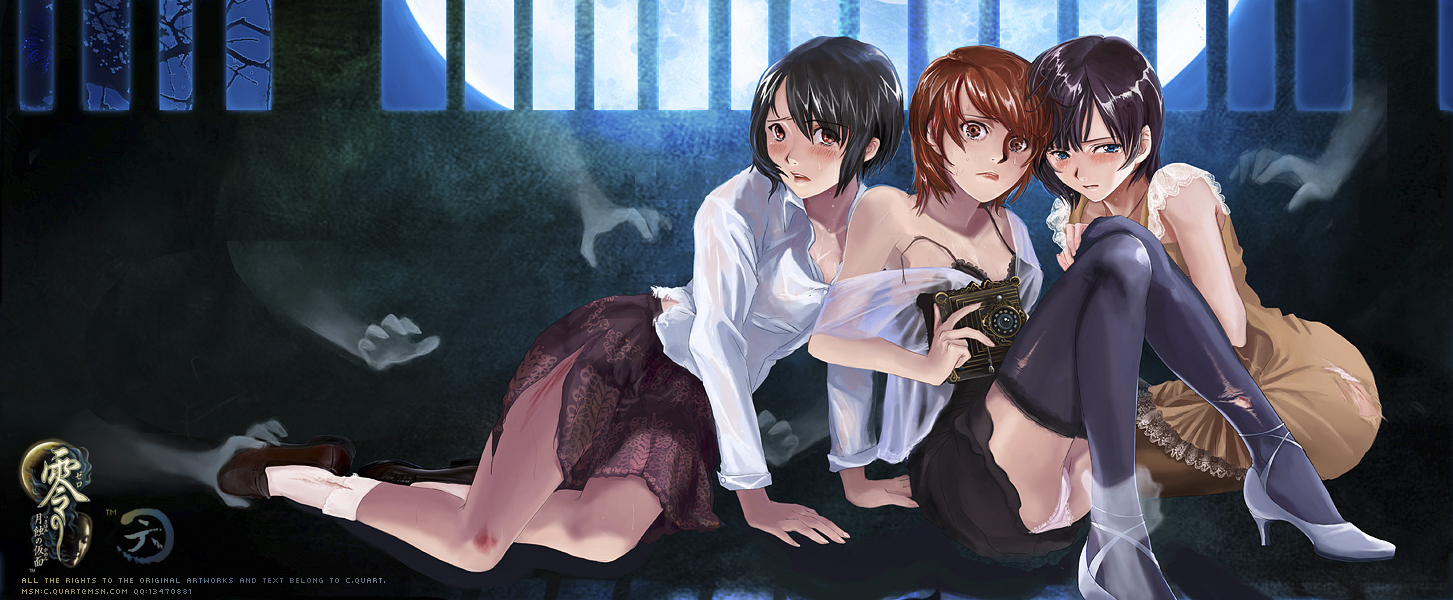 c.quart, asou misaki, minazuki ruka, tsukimori madoka, fatal frame, fatal frame: mask of the lunar eclipse, tecmo, torn legwear, 3girls, bellows camera, bruise, camera, injury, multiple girls, panties, scared, short hair, thighhighs, torn clothes, underwear, zettai ryouiki