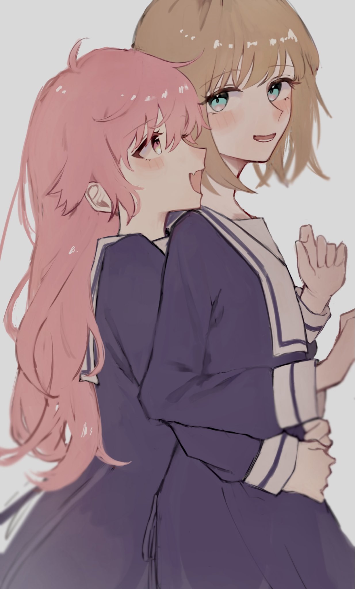 akairosaboten20, kagari mimi, totsuki shiina, kimi ga shinu made koi wo shitai, highres, 2girls, ahoge, blonde hair, blue serafuku, blush, bob cut, couple, cowboy shot, fang, from side, green eyes, hug, hug from behind, long hair, multiple girls, pink eyes, pink hair, school uniform, serafuku, short hair, simple background, skin fang, smile, yuri