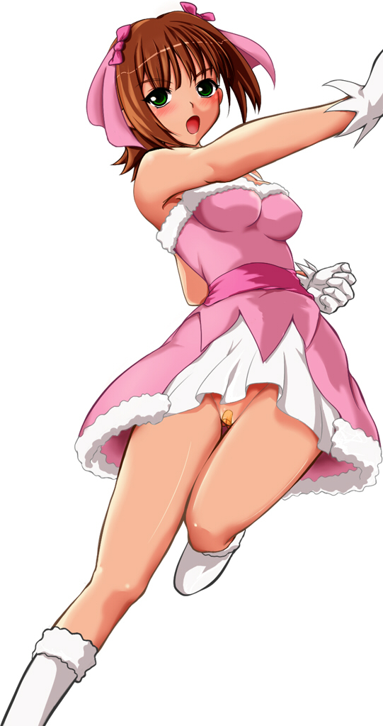 neokir, amami haruka, idolmaster, idolmaster (classic), idolmaster 1, 00s, 1girl, bandaid, bandaid on pussy, blush, brown hair, cute & girly (idolmaster), dress, female focus, green eyes, no panties, open mouth, short dress, short hair, simple background, solo, white background