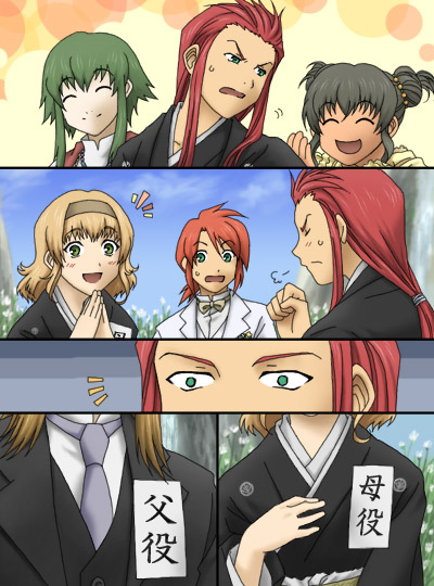 tempyou kango, anise tatlin, asch (tales), ion (tales), jade curtiss, luke fon fabre, natalia luzu kimlasca lanvaldear, tear grants, tales of (series), tales of the abyss, 00s, 2girls, 4boys, black hair, blonde hair, blue hair, closed eyes, green eyes, green hair, hairband, japanese clothes, long hair, multiple boys, multiple girls, necktie, open mouth, red hair, short hair with long locks, smile, twintails
