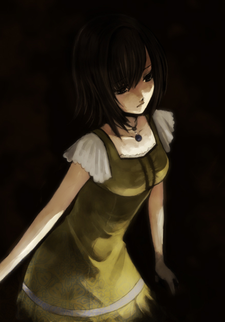 monmon, minazuki ruka, fatal frame, fatal frame: mask of the lunar eclipse, 1girl, black eyes, brown hair, dress, female focus, jewelry, necklace, short hair, solo