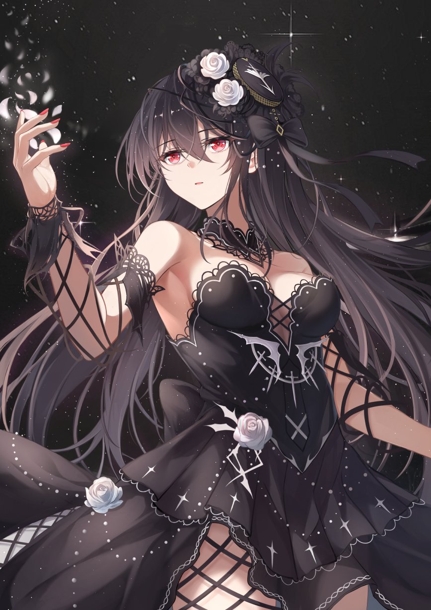 fuuro (johnsonwade), original, highres, 1girl, bare shoulders, black bow, black dress, black hair, black hat, bow, breasts, dress, fingernails, flower, hair between eyes, hand up, hat, hat bow, long hair, medium breasts, nail polish, parted lips, red eyes, red nails, solo, strapless, strapless dress, very long hair, white flower