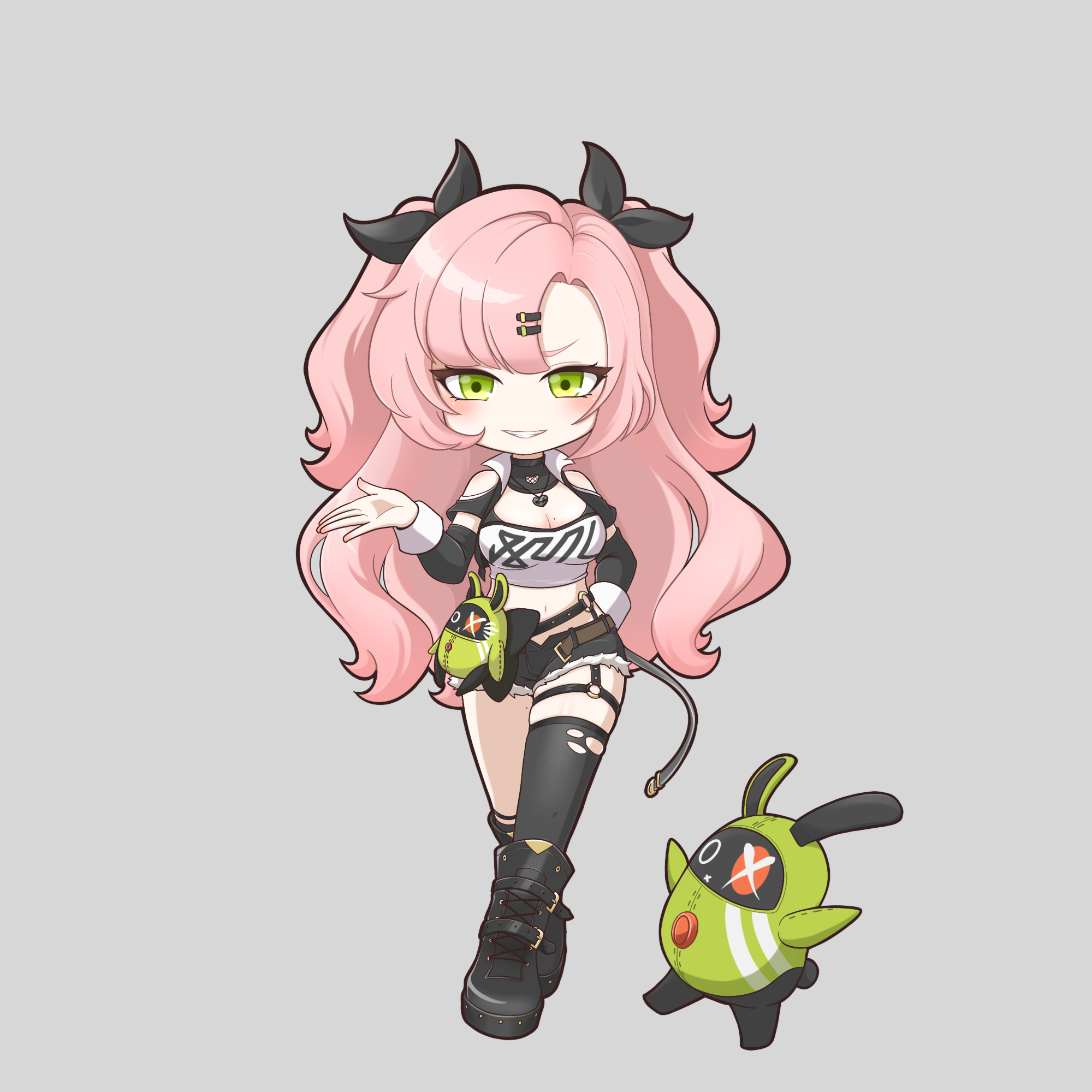 nana (eyzy2454), amillion (zenless zone zero), bangboo (zenless zone zero), nicole demara, zenless zone zero, highres, 1girl, black ribbon, breasts, crop top, green eyes, hair ornament, hair ribbon, hairclip, jewelry, large breasts, long hair, looking at viewer, mole, mole on thigh, mole under eye, navel, pink hair, ribbon, shorts, smile, solo, two side up