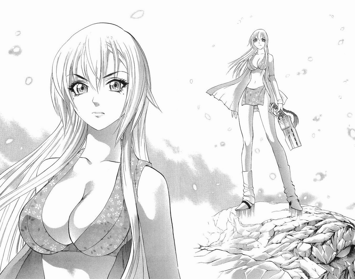 katakura masanori, kurohime, mahou tsukai kurohime, boots, breasts, cleavage, comic, greyscale, gun, ice, large breasts, legs, long hair, long legs, monochrome, thighs, weapon
