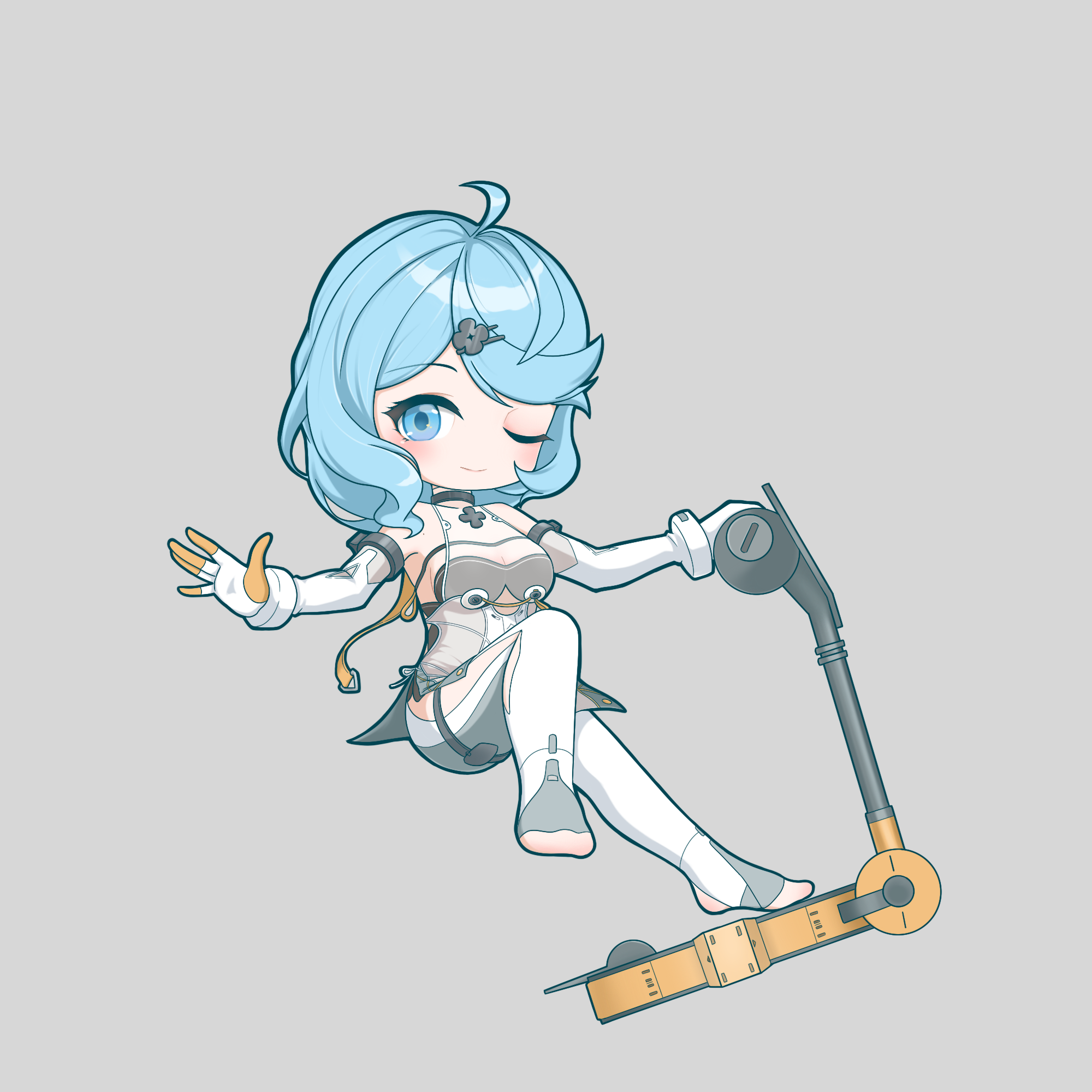 nana (eyzy2454), seed (zenless zone zero), zenless zone zero, toeless socks, highres, 1girl, ahoge, aqua eyes, bare shoulders, blue eyes, blue hair, blush, braid, breasts, clothing cutout, elbow gloves, feet, flower hairpin, foot blush, formal clothes, gloves, hair ornament, latex pants, long hair, looking at viewer, mole, mole on shoulder, see-through dress layer, segway, smile, solo, stirrup legwear, suit, thigh cutout, toeless legwear, toes, white gloves, white suit