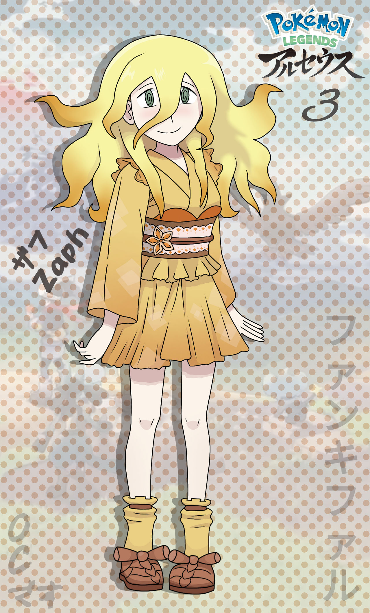 fankifalu, nintendo, original, pokemon, pokemon legends: arceus, highres, 1girl, @ @, alternate costume, ankle socks, arms at sides, blonde hair, breasts, brown sandals, character name, female focus, flower ornament, full body, gradient hair, green eyes, japanese clothes, japanese text, kimono, knees, legs, light blush, long bangs, long hair, long sidelocks, long sleeves, looking at viewer, messy hair, multicolored hair, neck, obi, pale skin, sandals, sash, sidelocks, small breasts, smile, socks, standing, thighs, yellow kimono