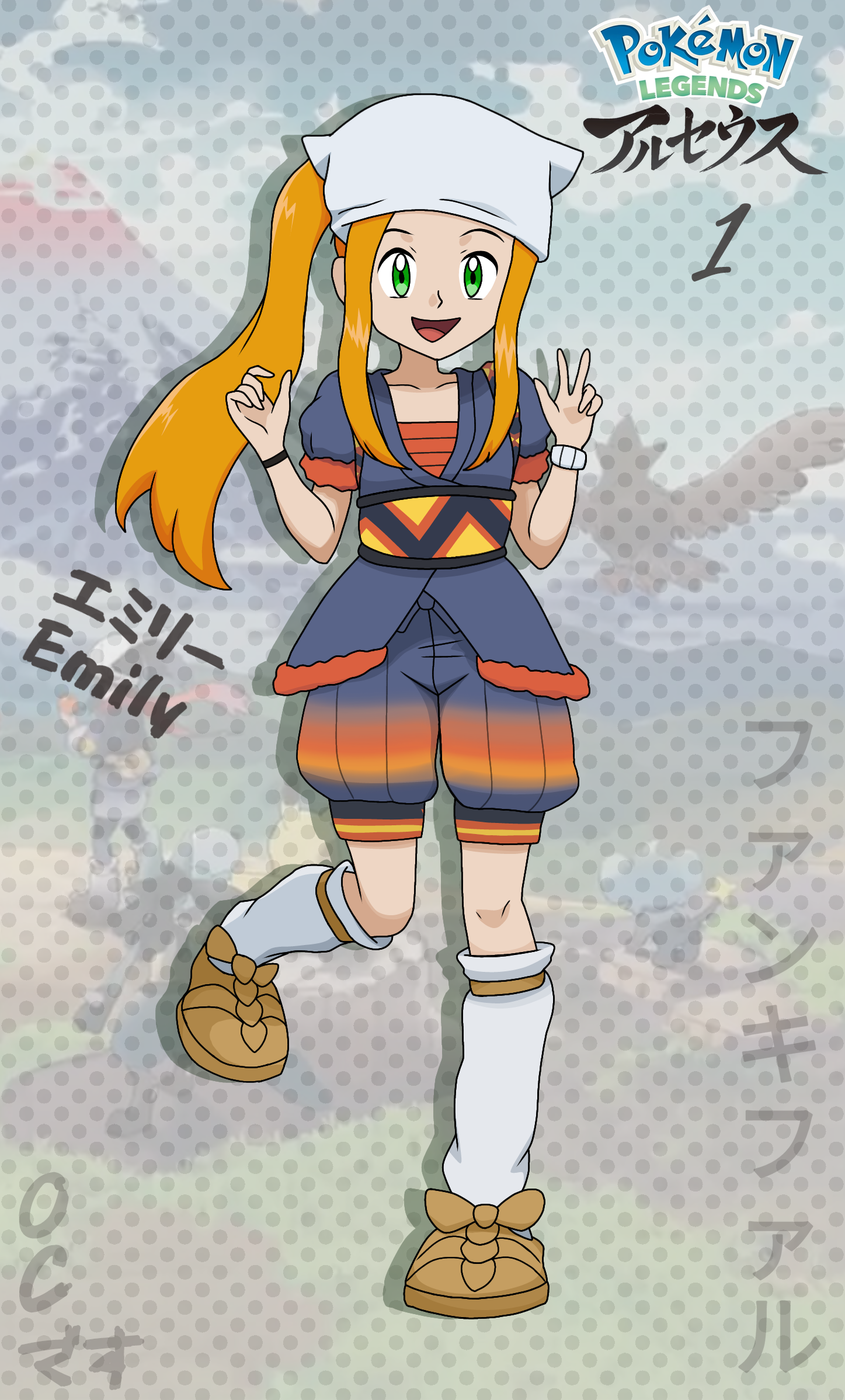 fankifalu, nintendo, original, pokemon, pokemon legends: arceus, highres, scan, 1girl, alternate costume, baggy shorts, brown sandals, character name, crease, curled fingers, feet up, female focus, flat chest, full body, green eyes, groin, hair through headwear, hands up, happy, headscarf, japanese clothes, japanese text, kneehighs, knees, long hair, looking at viewer, obi, orange hair, ponytail, sandals, sarashi, sash, short sleeves, sidelocks, socks, standing, standing on one leg, thighs, v, wristband