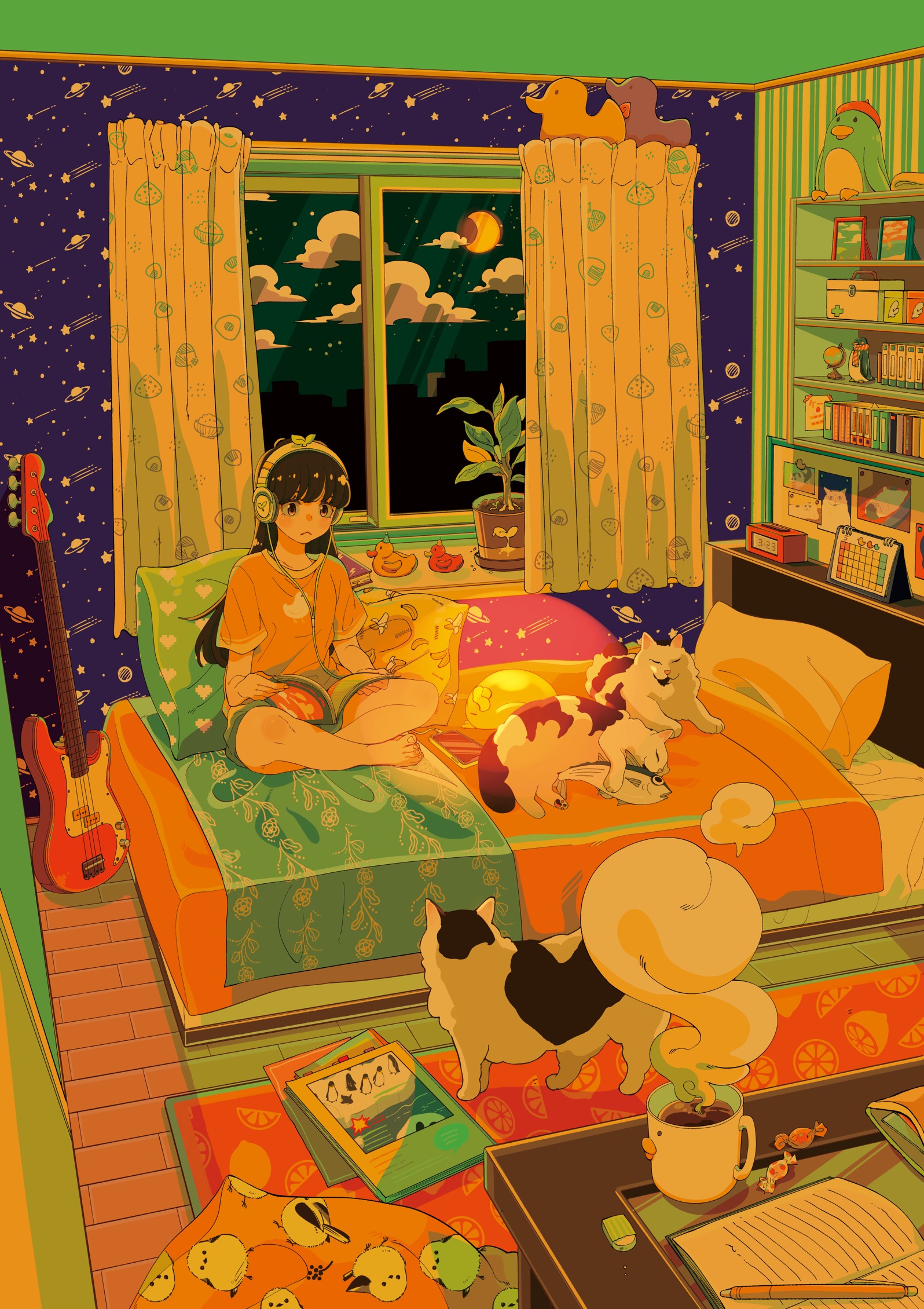 okamachi mozu, original, commentary, highres, symbol-only commentary, 1girl, animal, barefoot, bed, bedroom, black hair, blanket, book, candy, cat, cellphone, clock, closed mouth, cloud, colorful, cup, curtains, digital clock, electric guitar, food, frown, full body, guitar, headphones, holding, holding book, indian style, indoors, instrument, long hair, moon, mug, night, night sky, on bed, open book, orange shirt, pet, phone, pile of books, pillow, planet print, plant, potted plant, print curtains, print shirt, reading, shelf, shirt, short shorts, short sleeves, shorts, sitting, sky, slice of life, smartphone, solo, star (symbol), star print, steaming cup, straight hair, t-shirt, timestamp, wallpaper (object), window, wrapped candy