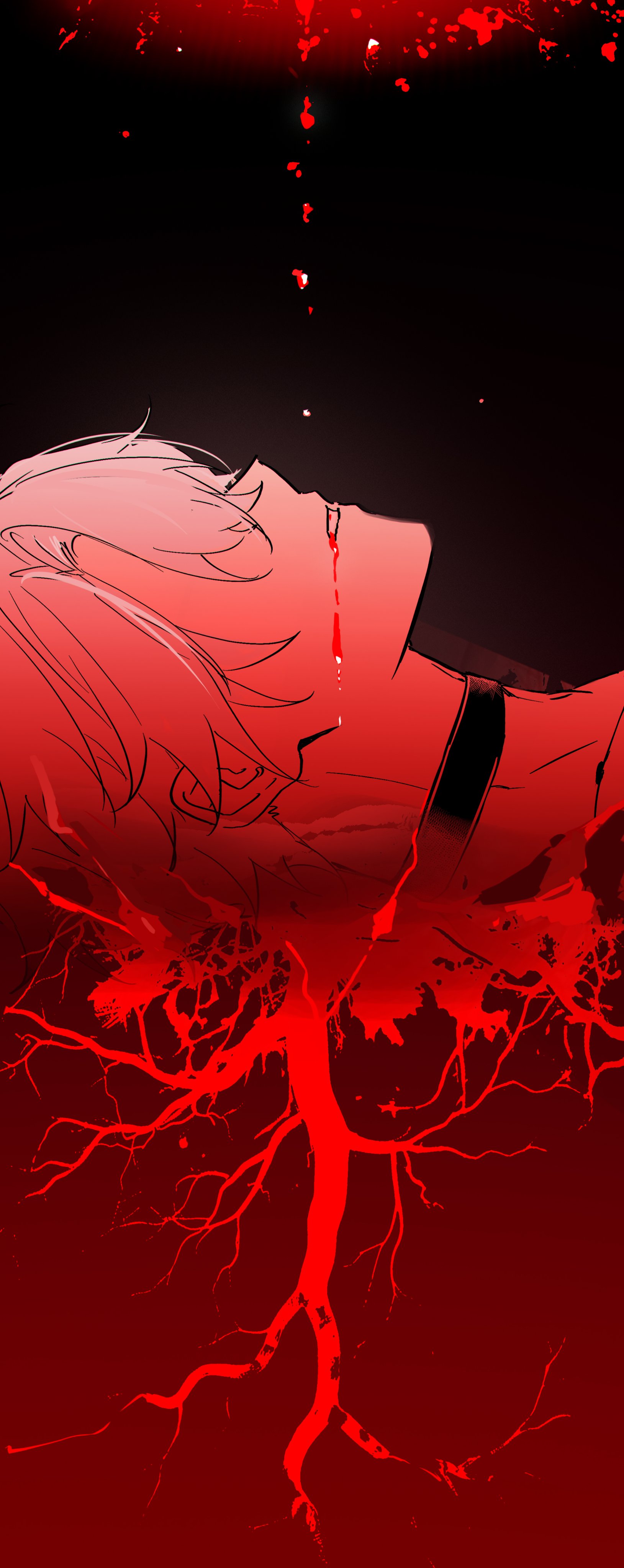 migan, phainon (honkai: star rail), honkai: star rail, honkai (series), absurdres, commentary, highres, 1boy, black choker, choker, drinking blood, from side, lying, male focus, no eyes, on back, parted bangs, profile, short hair, solo, white hair
