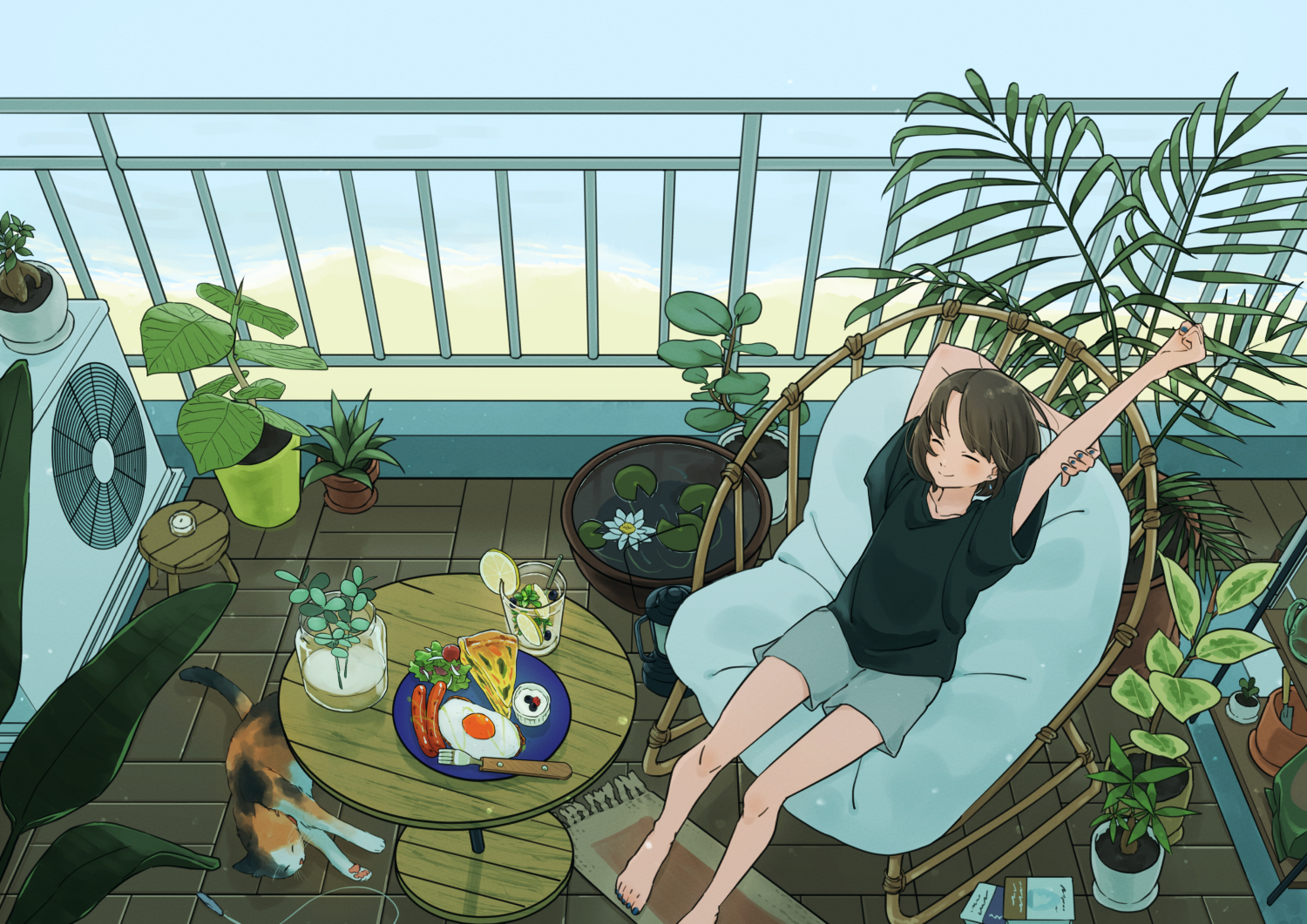 matsumine (twin-mix), original, commentary request, 1girl, animal, arm up, arms behind head, balcony, bare legs, barefoot, beach, black shirt, blue nails, book, brown hair, cat, chair, closed eyes, closed mouth, collarbone, condenser unit, cup, drinking glass, facing viewer, feet, fern, food, fork, fried egg, grey shorts, legs apart, lily pad, nail polish, outdoors, pet, plant, plate, potted plant, quiche, sausage, shirt, short hair, short sleeves, shorts, slice of life, smile, solo, stretching, table, tile floor, tiles, toenail polish, toenails, toes, trowel, wide shot, wooden table