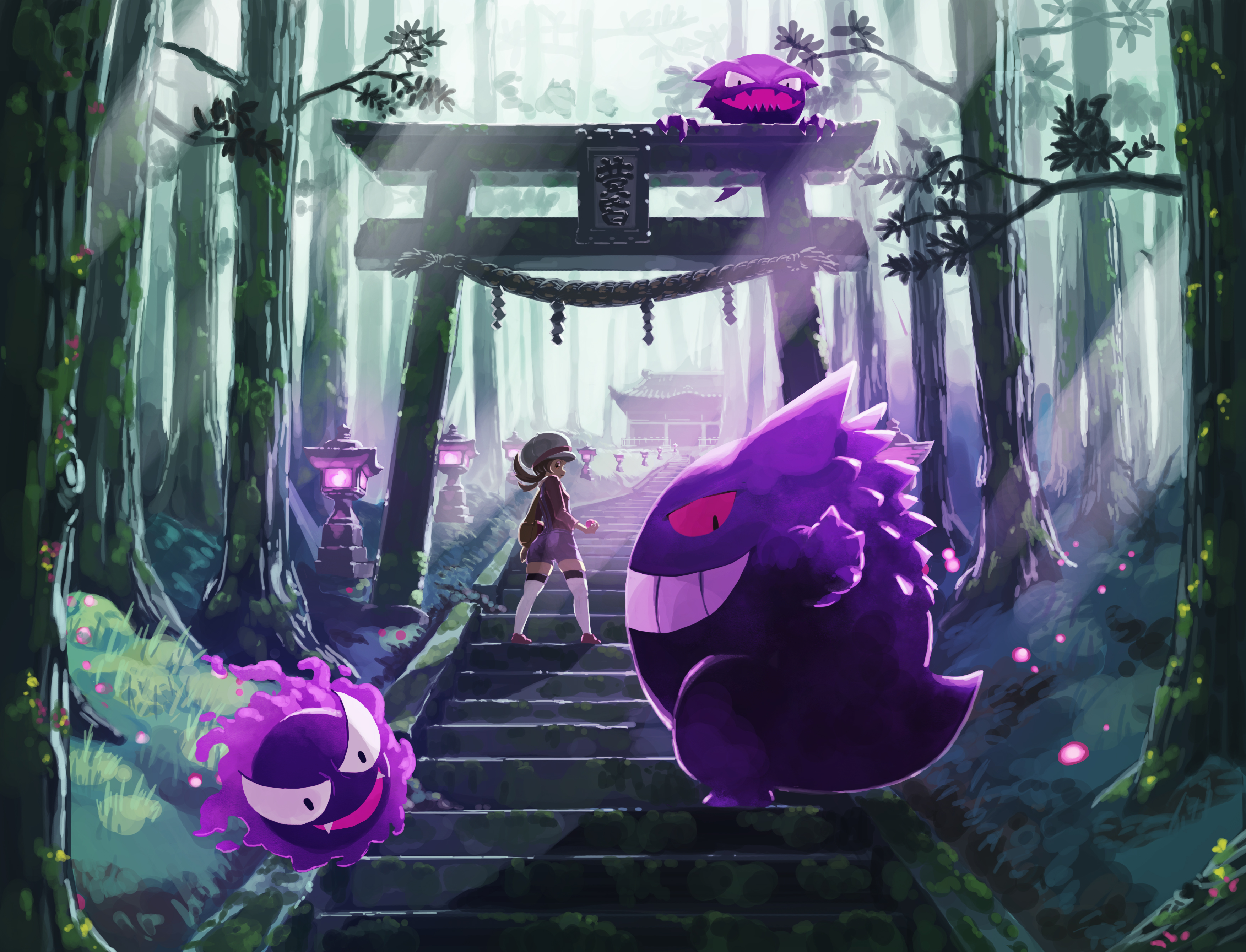 russiya, gastly, gengar, haunter, lyra (pokemon), nintendo, pokemon, pokemon hgss, absurdres, commentary request, highres, 1girl, brown hair, evolutionary line, forest, full body, gen 1 pokemon, grin, hat, holding, holding poke ball, light rays, looking back, nature, outdoors, poke ball, pokemon (creature), red shoes, shoes, shorts, smile, stairs, stone lantern, stone stairs, sunbeam, sunlight, thighhighs, torii, tree, twintails, white hat, white thighhighs