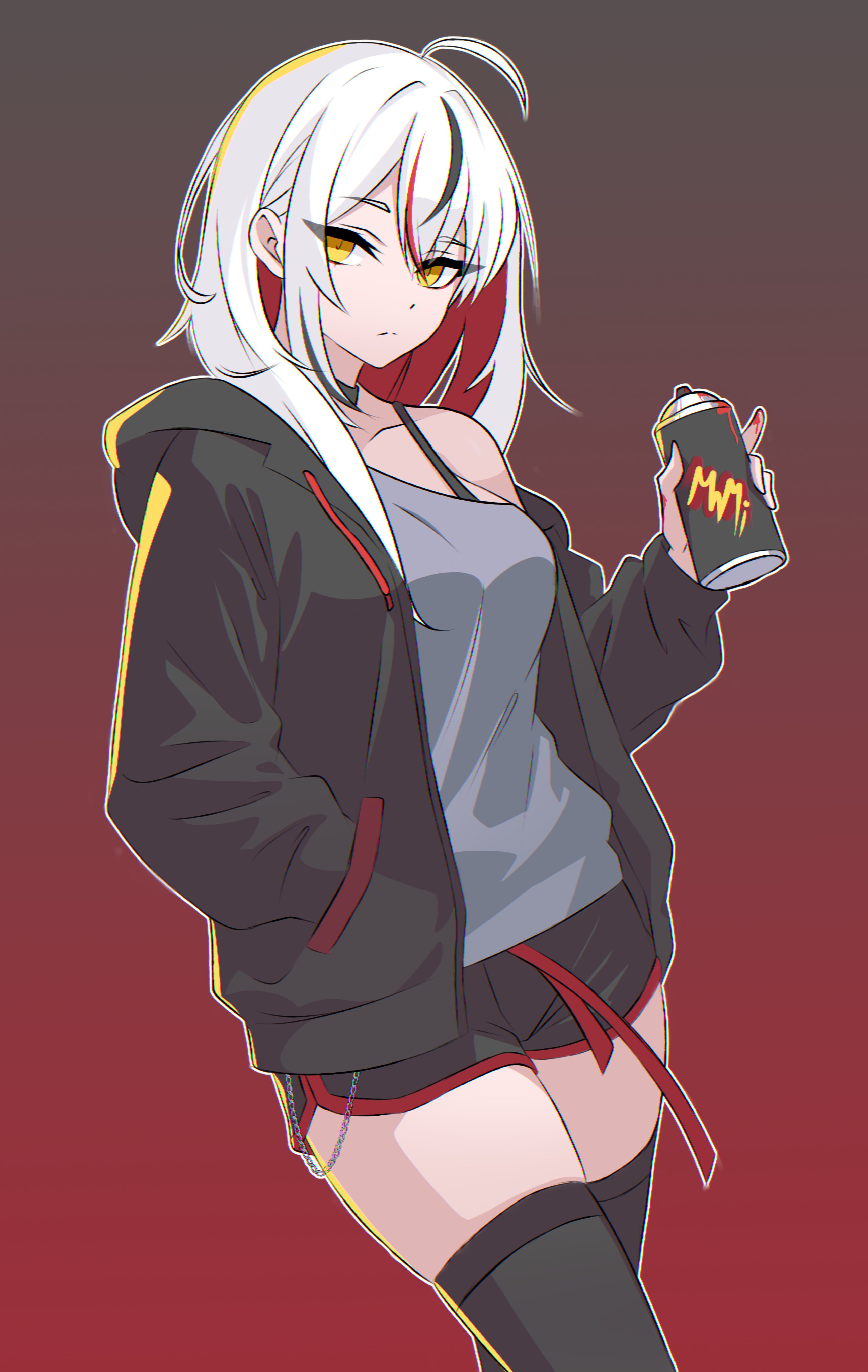 anb (anb draws), original, absurdres, commentary, english commentary, highres, 1girl, ahoge, black choker, black hair, black hoodie, black shorts, bra strap, breasts, chain, choker, colored inner hair, dolphin shorts, eyes visible through hair, frown, gradient background, grey shirt, hand in pocket, holding, holding spray can, hood, hoodie, large breasts, minami (anb draws), multicolored hair, off-shoulder shirt, off shoulder, outline, paint on fingers, red background, red hair, shirt, short shorts, shorts, solo, spray can, streaked hair, white hair, yellow eyes