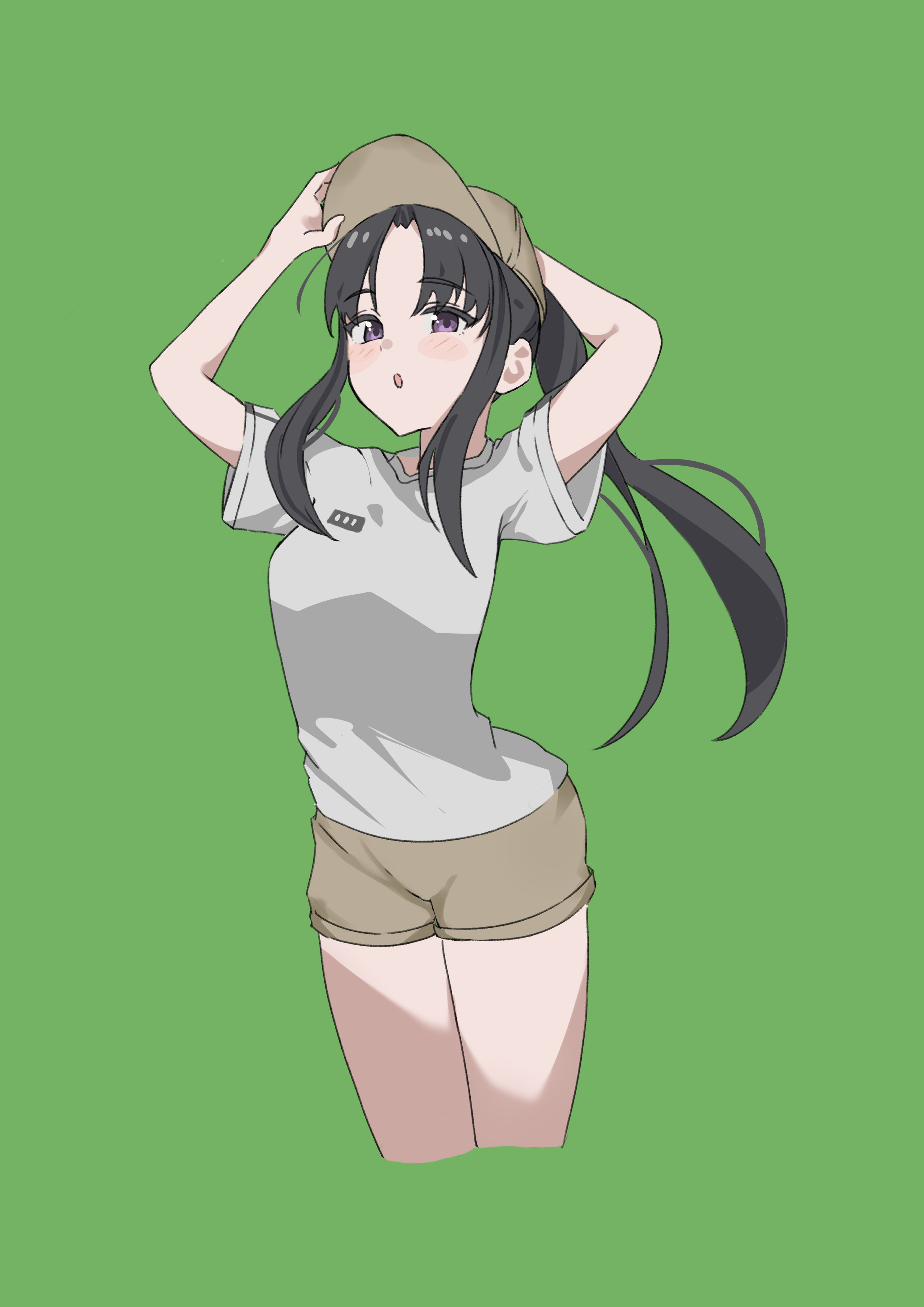 kemito (rdnk2585), awa subaru, girls band cry, absurdres, commentary request, highres, 1girl, :o, adjusting clothes, adjusting headwear, alternate costume, arms up, baseball cap, black hair, breasts, brown hat, brown shorts, cropped legs, curtained hair, forehead, green background, grey shirt, hand on headwear, hat, light blush, long hair, looking at viewer, medium breasts, middle part, open mouth, parted bangs, ponytail, purple eyes, shirt, short shorts, short sleeves, shorts, sidelocks, simple background, solo, standing, untucked shirt
