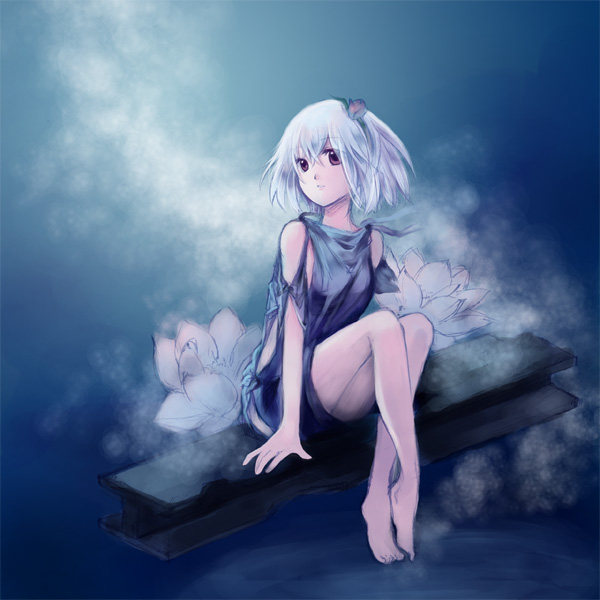kaedena akino, miyabi akino, ren (fragile), fragile, fragile: sayonara tsuki no haikyo, namco, 1girl, artistic error, bad anatomy, bad feet, barefoot, feet, female focus, flower, poorly drawn, purple eyes, short hair, sitting, solo, white hair