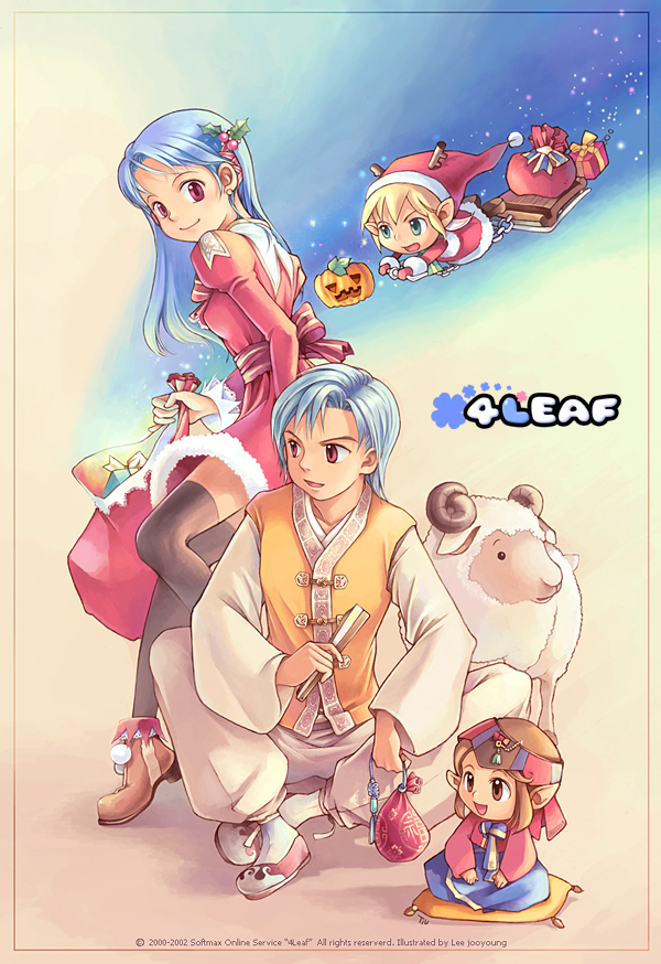 tiv, softmax, archived source, commentary, commentary request, english commentary, korean commentary, official art, photoshop (medium), 1boy, 2000, 2002, 3girls, 4leaf, antlers, aqua hair, artist name, ayam hat, back bow, bag, baggy pants, baji, black eyes, black thighhighs, blonde hair, blue sky, bokjumeoni, bow, box, breasts, brown hair, brown horns, brown shoes, chain, chima (clothes), christmas, clover, company name, copyright name, copyright notice, curled horns, dated, dated commentary, drawstring, drawstring bag, dress, english text, four-leaf clover, fur-trimmed dress, fur-trimmed jacket, fur sleeve cuffs, fur trim, gift, gift box, gomusin, green eyes, hair intakes, hanbok, hat, holding, holding sack, horns, jacket, jeogori (clothes), korean clothes, logo, long hair, long skirt, long sleeves, medium breasts, mini person, mistletoe, mistletoe hair ornament, mittens, multiple girls, pants, parted bangs, parted hair, pillow, pink shoes, pom pom (clothes), pom pom hat ornament, pumpkin, red bag, red dress, red eyes, red hat, red jeogori, red mittens, red ribbon, red sleeves, reindeer antlers, ribbon, sack, santa costume, santa dress, santa hat, sheep, sheep horns, shoes, short dress, sidelocks, simple background, sitting, sitting on pillow, skirt, sky, sleeve cuffs, sleeveless, sleeveless jacket, sleigh, socks, thighhighs, waist bow, white pants, white socks, wide sleeves