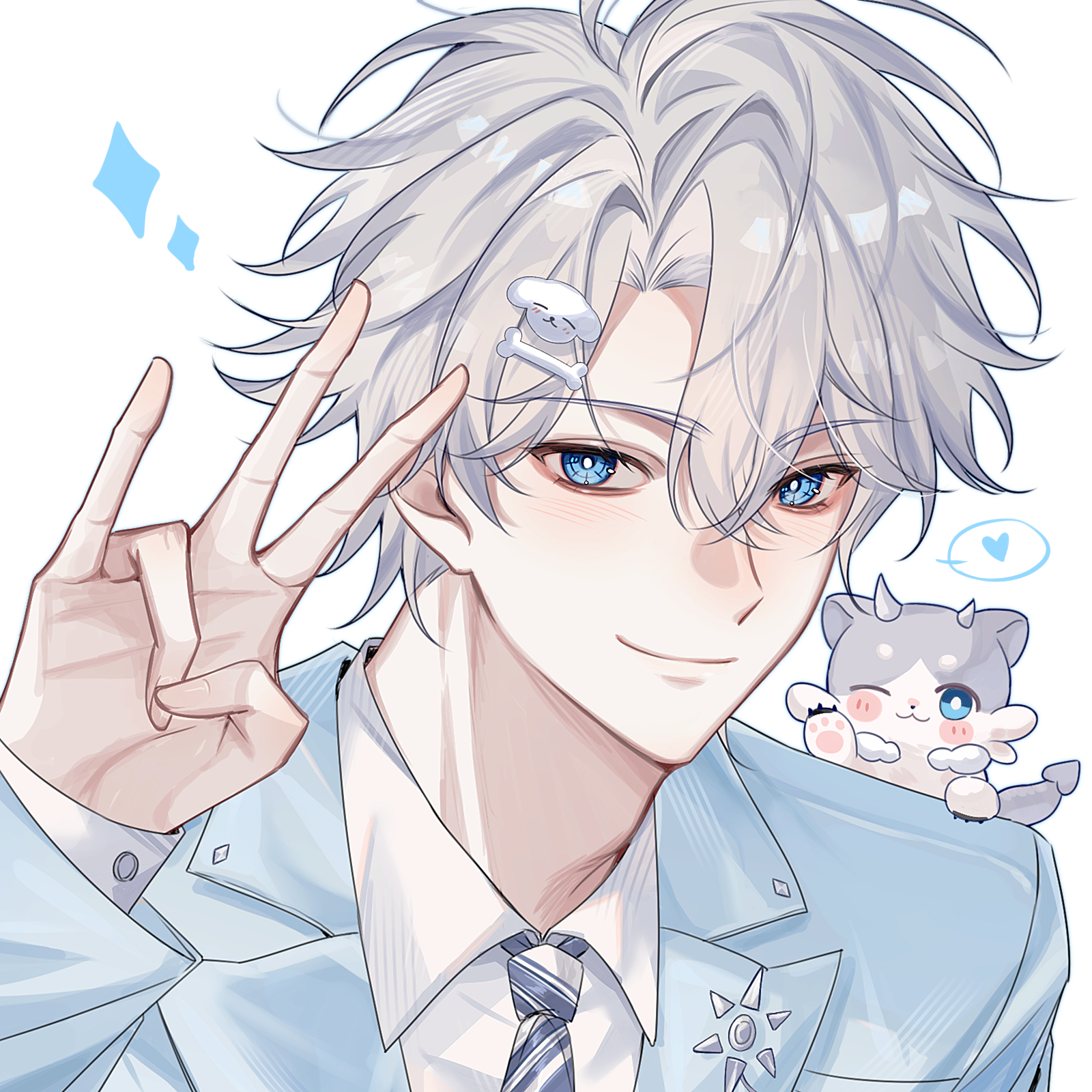 phainon (honkai: star rail), phainon (vigethos) (honkai: star rail), honkai: star rail, honkai (series), chinese commentary, commentary request, highres, 1boy, antenna hair, blue eyes, blue jacket, blush, chimera (honkai: star rail), collared shirt, dayang36651, hair ornament, hairpin, heart, jacket, layered sleeves, looking at viewer, male focus, necktie, parted bangs, shirt, short hair, simple background, solo, spoken heart, white background, white hair, white shirt