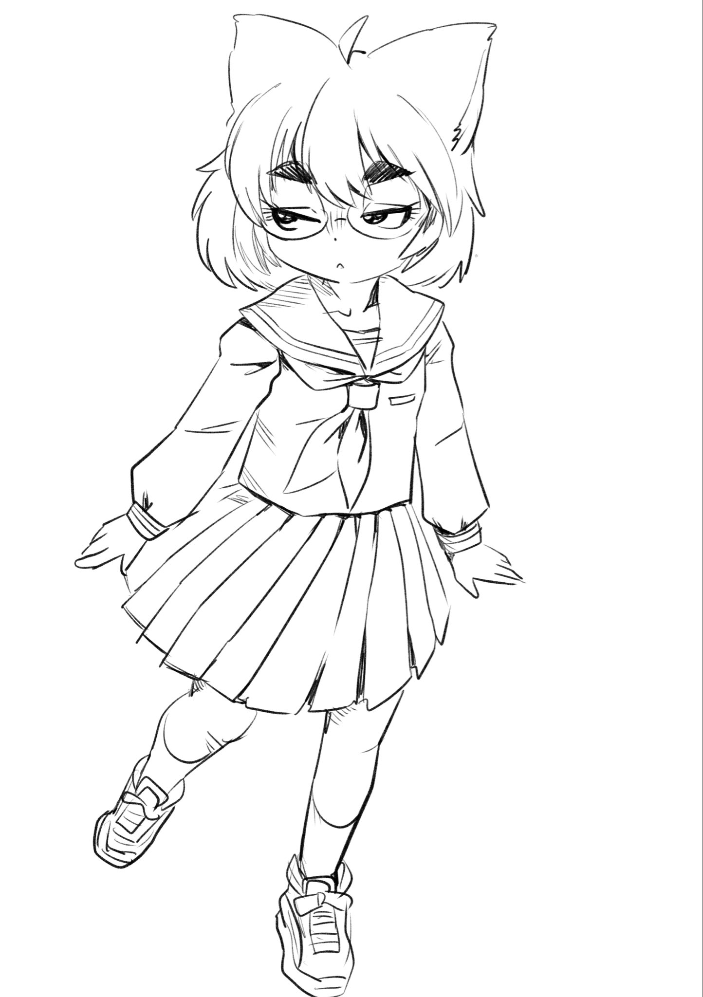 karasuke d, original, commentary request, highres, 1girl, ahoge, animal ears, cat ears, cat girl, collarbone, full body, glasses, greyscale, looking to the side, monochrome, neckerchief, pleated skirt, sailor collar, school uniform, serafuku, shirt, shoes, short hair, skirt, sneakers, socks, solo