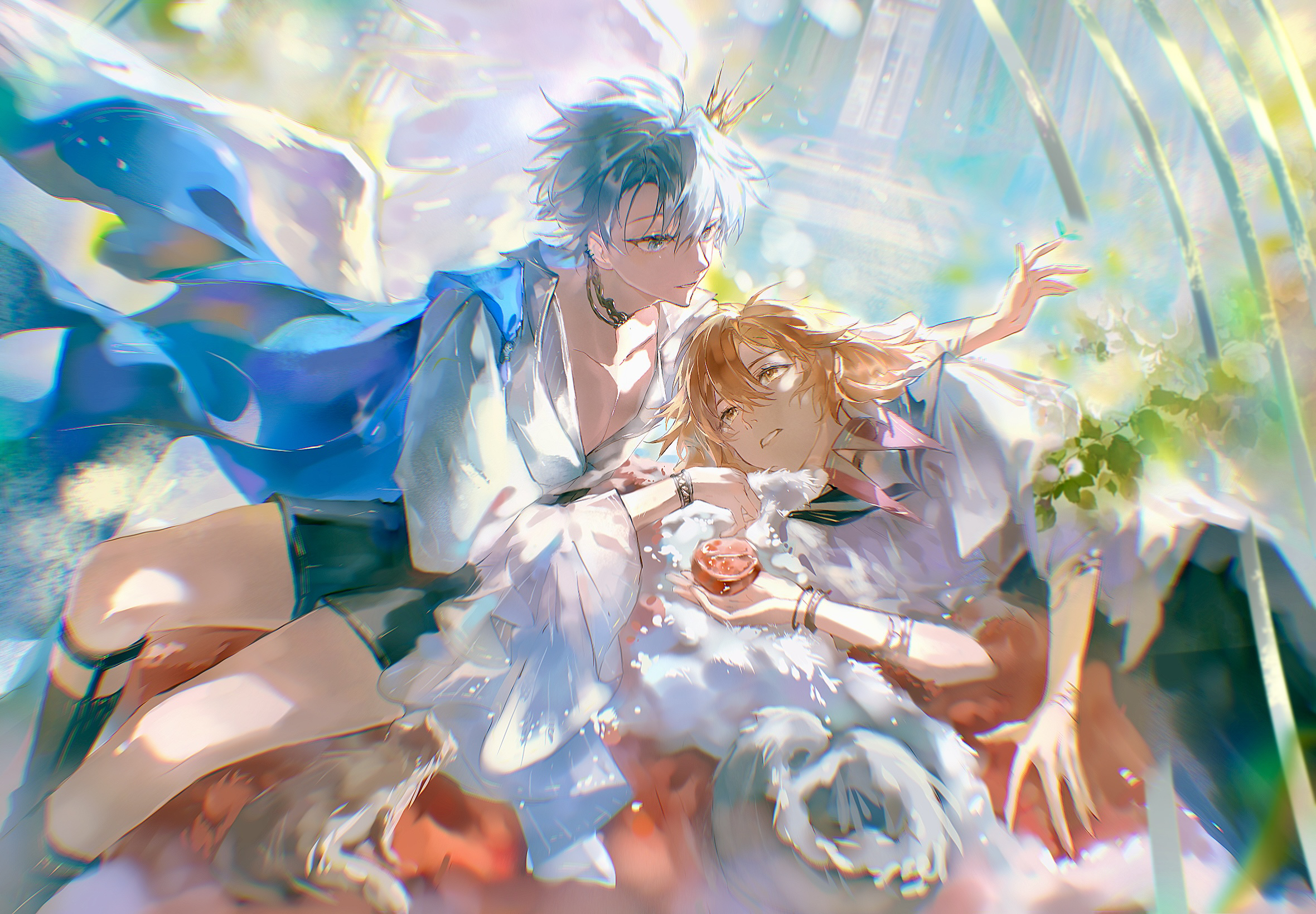 mydei (honkai: star rail), phainon (honkai: star rail), honkai: star rail, honkai (series), chinese commentary, commentary request, highres, 2boys, aged down, ankle boots, antenna hair, black boots, black shorts, blonde hair, blue cape, blue eyes, boots, cape, crown, floating cape, food, fruit, holding, holding food, holding fruit, male focus, medium hair, mini crown, multiple boys, parted bangs, pomegranate, shirt, short hair, shorts, white hair, white shirt, yellow eyes, zhai-lin