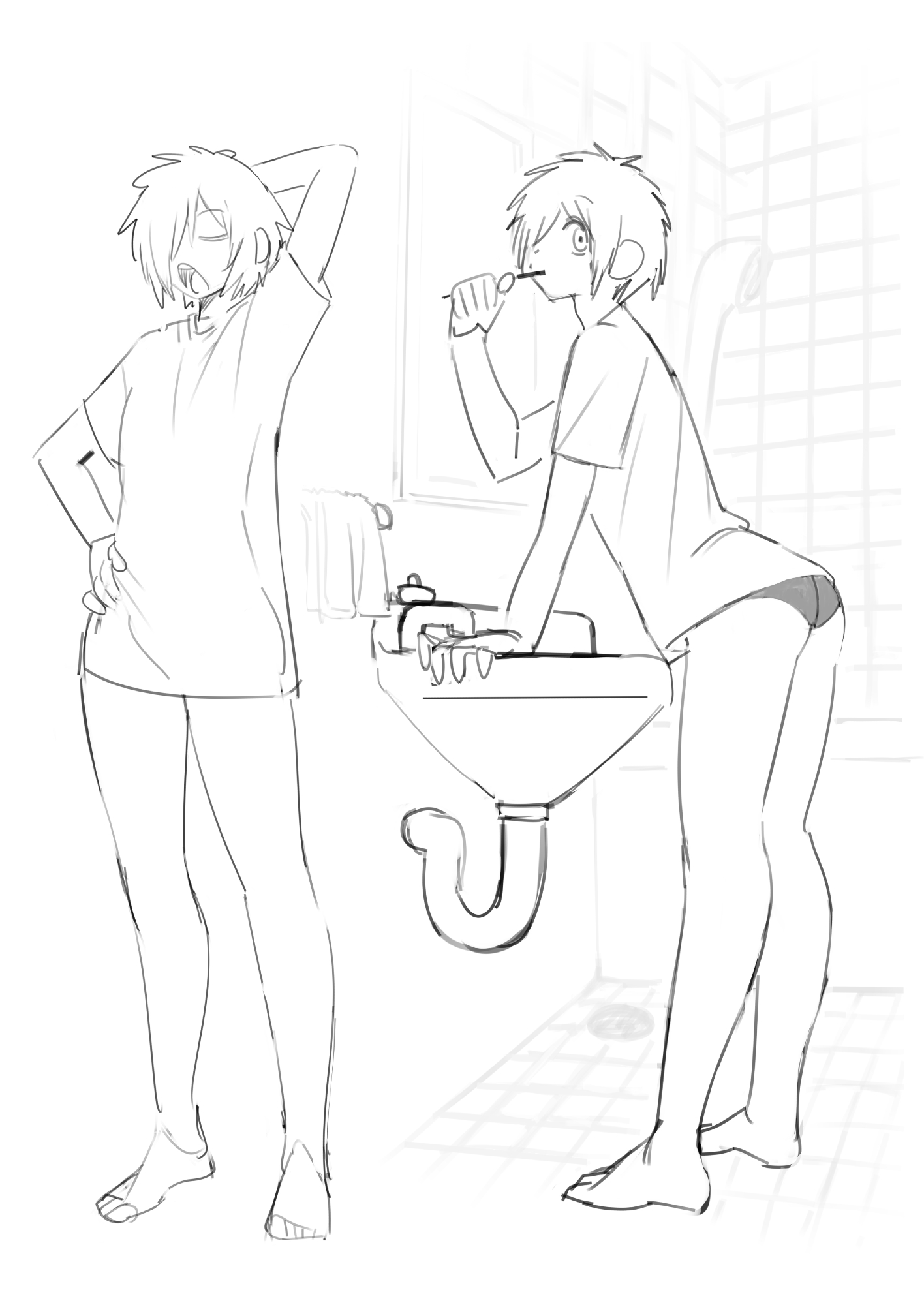 2n5, original, highres, 1boy, androgynous, brushing teeth, full body, male focus, no pants, short hair, short sleeves, sink, sketch, standing