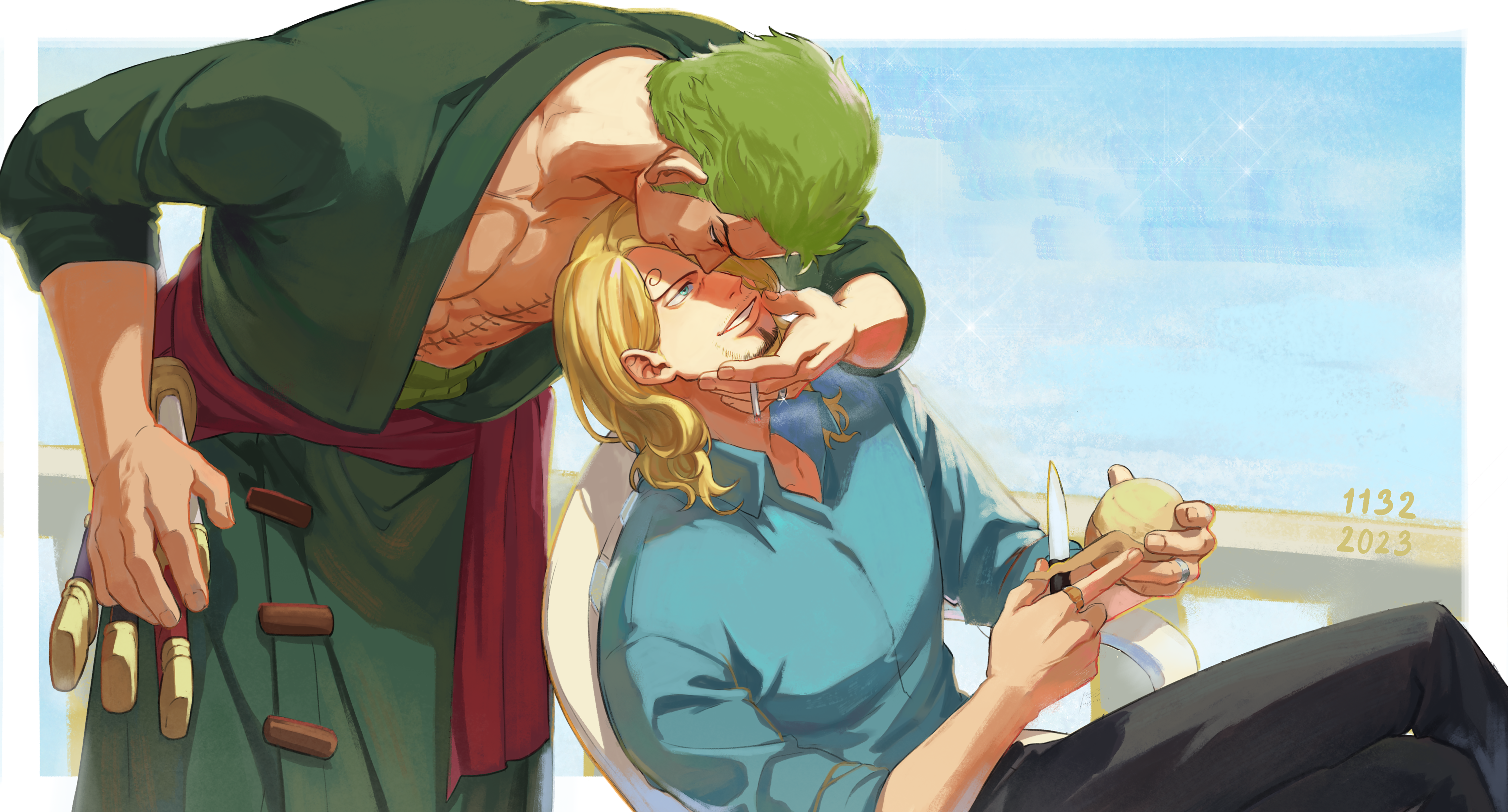 jennyandloiryan, roronoa zoro, sanji (one piece), one piece, absurdres, commentary, highres, 2boys, bare pectorals, black pants, blonde hair, blue shorts, border, cigarette, curly eyebrows, dated, facial hair, goatee, green hair, green kimono, holding, holding knife, holding sword, holding weapon, japanese clothes, kimono, kitchen knife, knife, male focus, multiple boys, muscular, muscular male, outdoors, pants, parted lips, pectorals, peeling, short hair, shorts, sideburns, smoke, stitched torso, stitches, sword, weapon, white border, yaoi