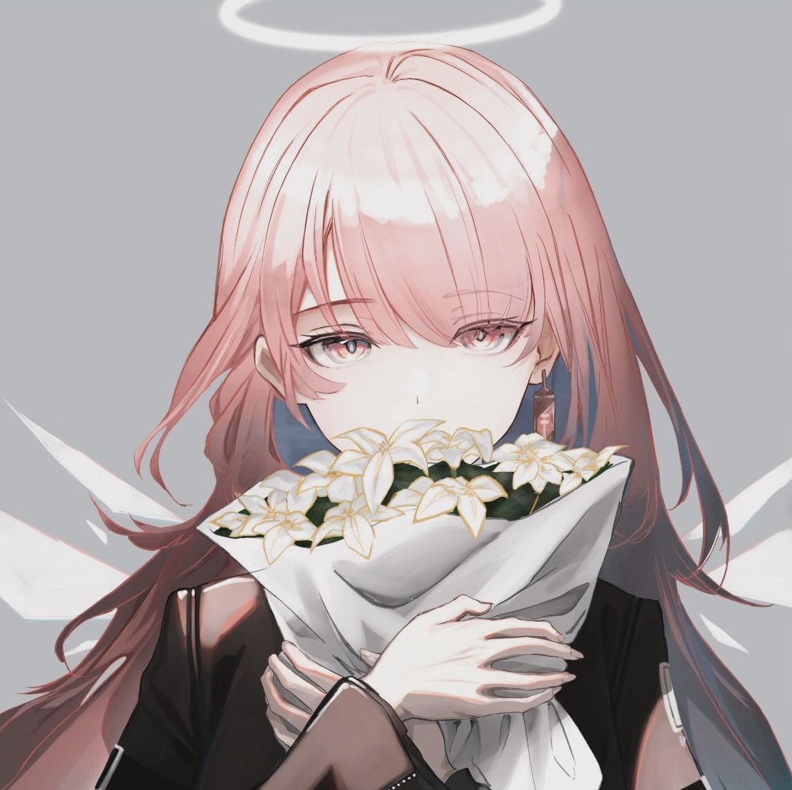 amamiya (1201hlx), lemuen (arknights), arknights, black jacket, bouquet, earrings, energy wings, flower, grey background, halo, holding, holding bouquet, jacket, jewelry, long hair, looking at viewer, pink eyes, pink hair, simple background, single earring, wings