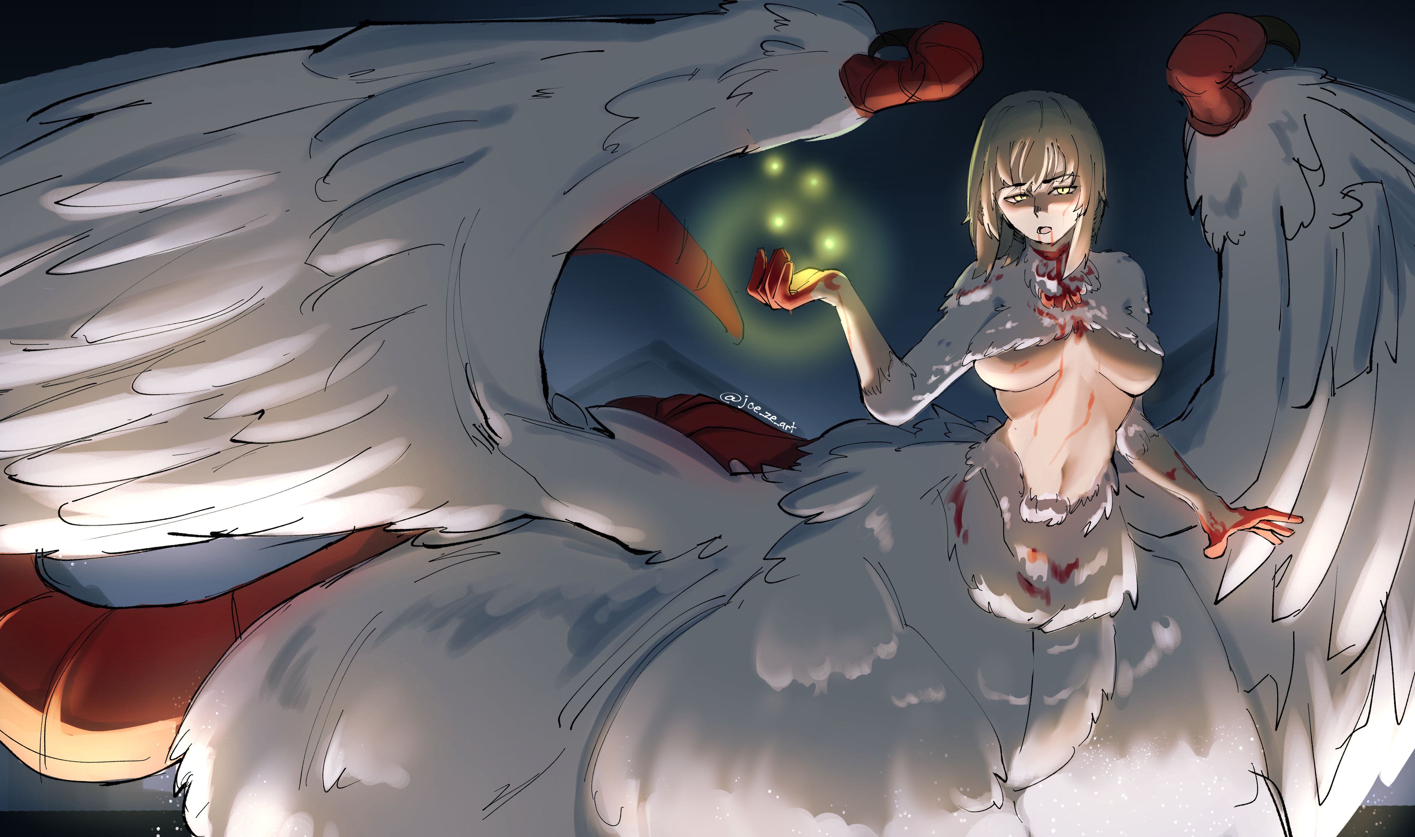 joe westbrook, falin touden, falin touden (chimera), dungeon meshi, absurdres, commentary, highres, 1girl, blonde hair, blood, blood from mouth, blood on chest, blood on hands, breasts, centauroid, feathered wings, feathers, large breasts, magic, medium hair, monster girl, navel, slit throat, solo, tail, taur, white feathers, wings, yellow eyes