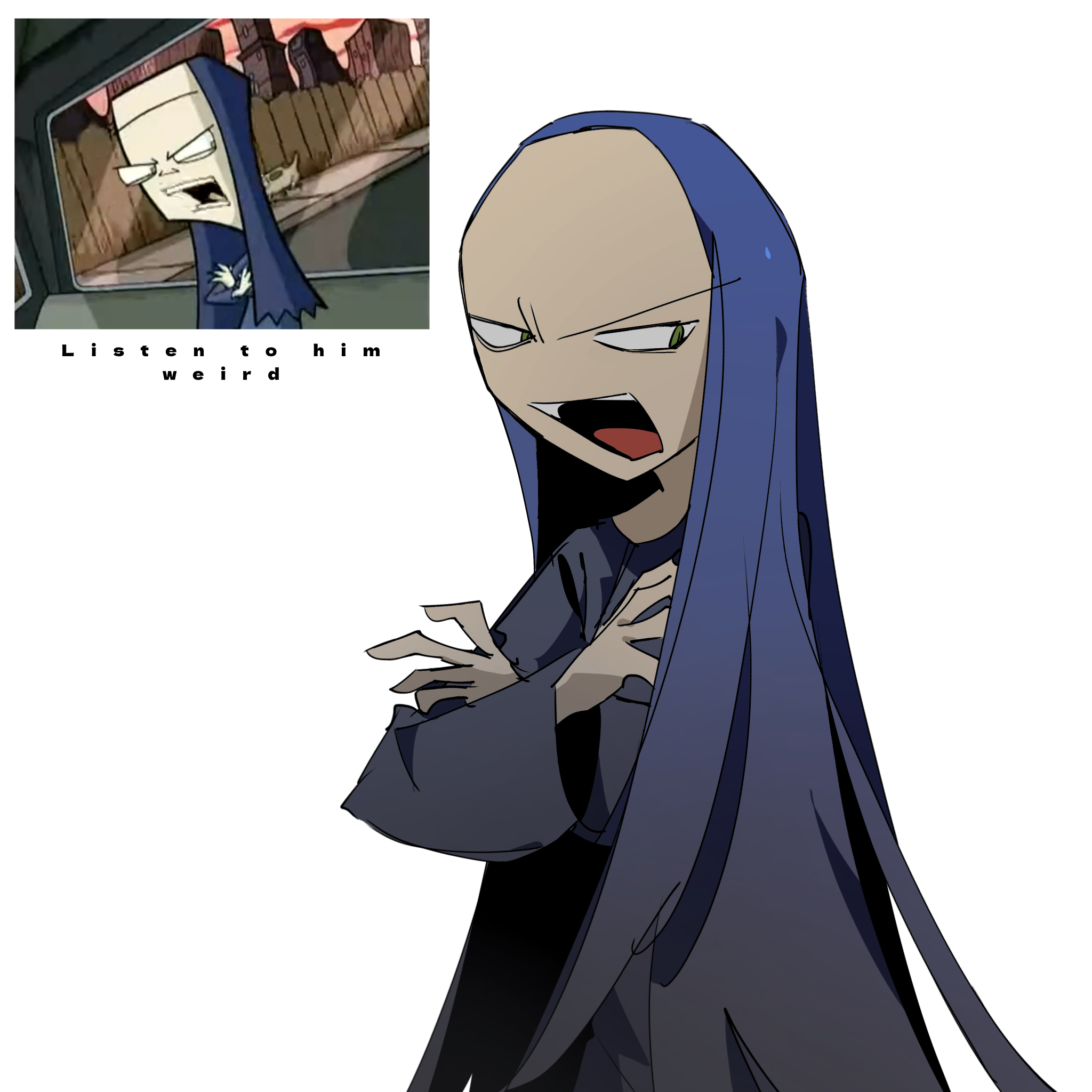 invader zim, derivative work, highres, screenshot redraw, tagme, 1girl, airrrrrrrrrr123, blue hair, dress, glaring, green eyes, long hair, long sleeves, looking at viewer, open mouth, sara (invader zim), simple background, white background