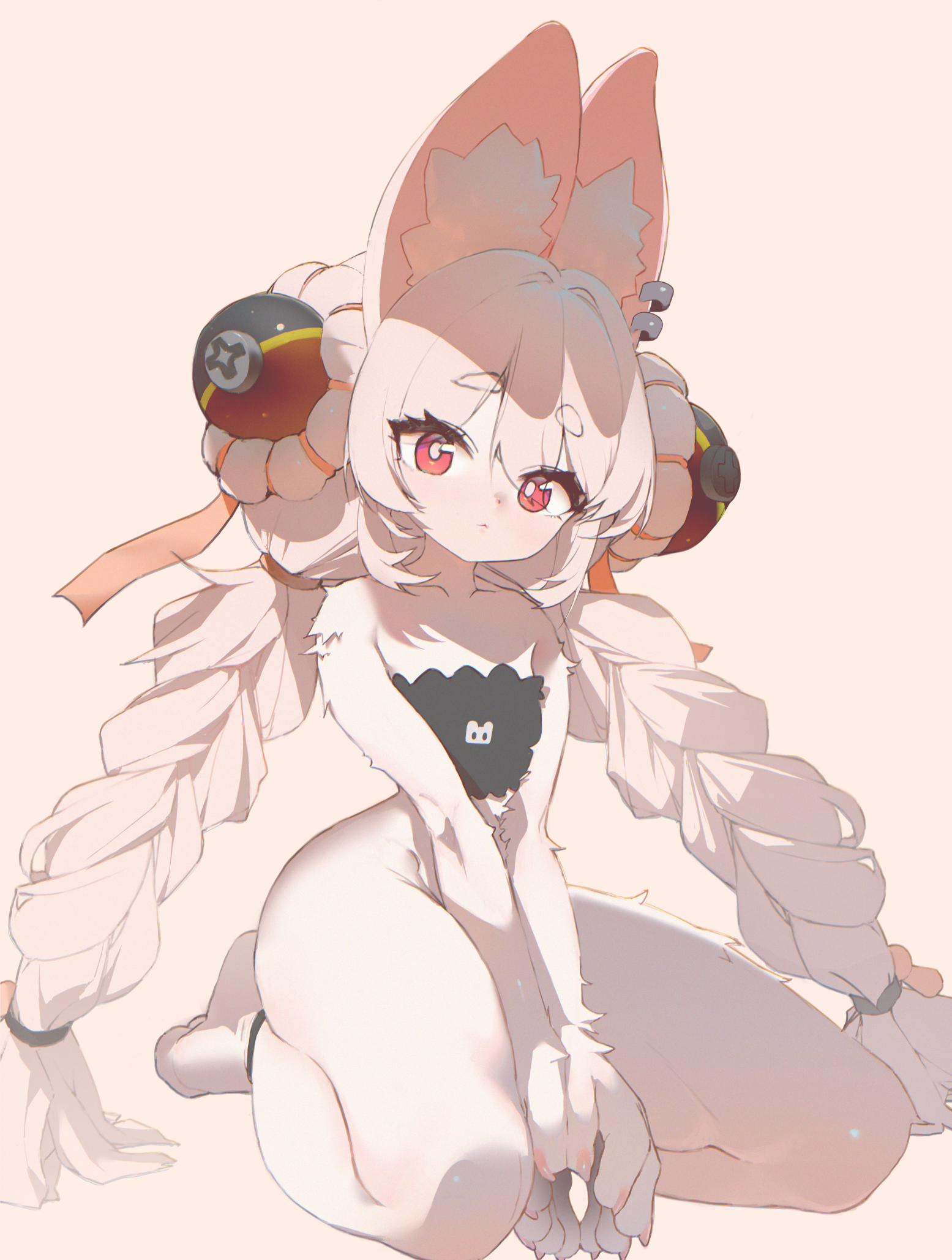 zhao (zenless zone zero), zenless zone zero, highres, 1girl, animal ear fluff, animal ears, braid, bright pupils, long hair, looking at viewer, nude, pink fur, pink hair, popopupi, rabbit ears, rabbit girl, red eyes, short eyebrows, solo, thick eyebrows, twin braids