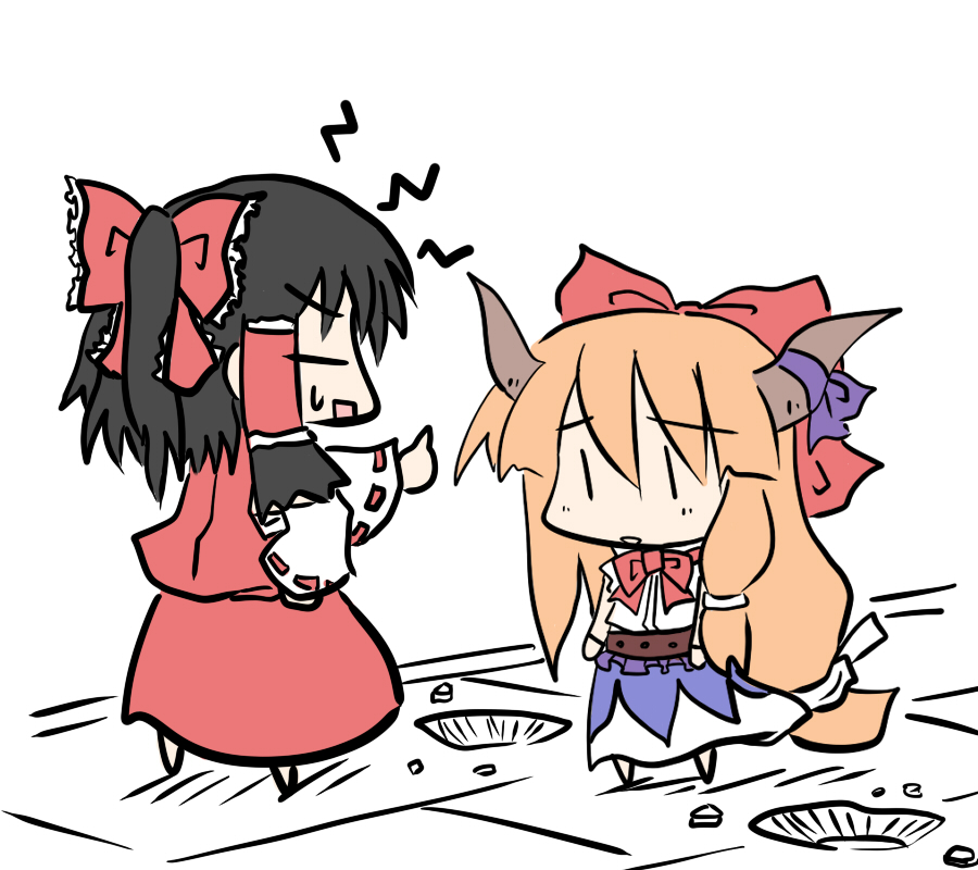 yanagi (nurikoboshi), hakurei reimu, ibuki suika, touhou, 2girls, chibi, female focus, flat color, multiple girls, partially colored, scolding, simple background, skirt, white background, | |