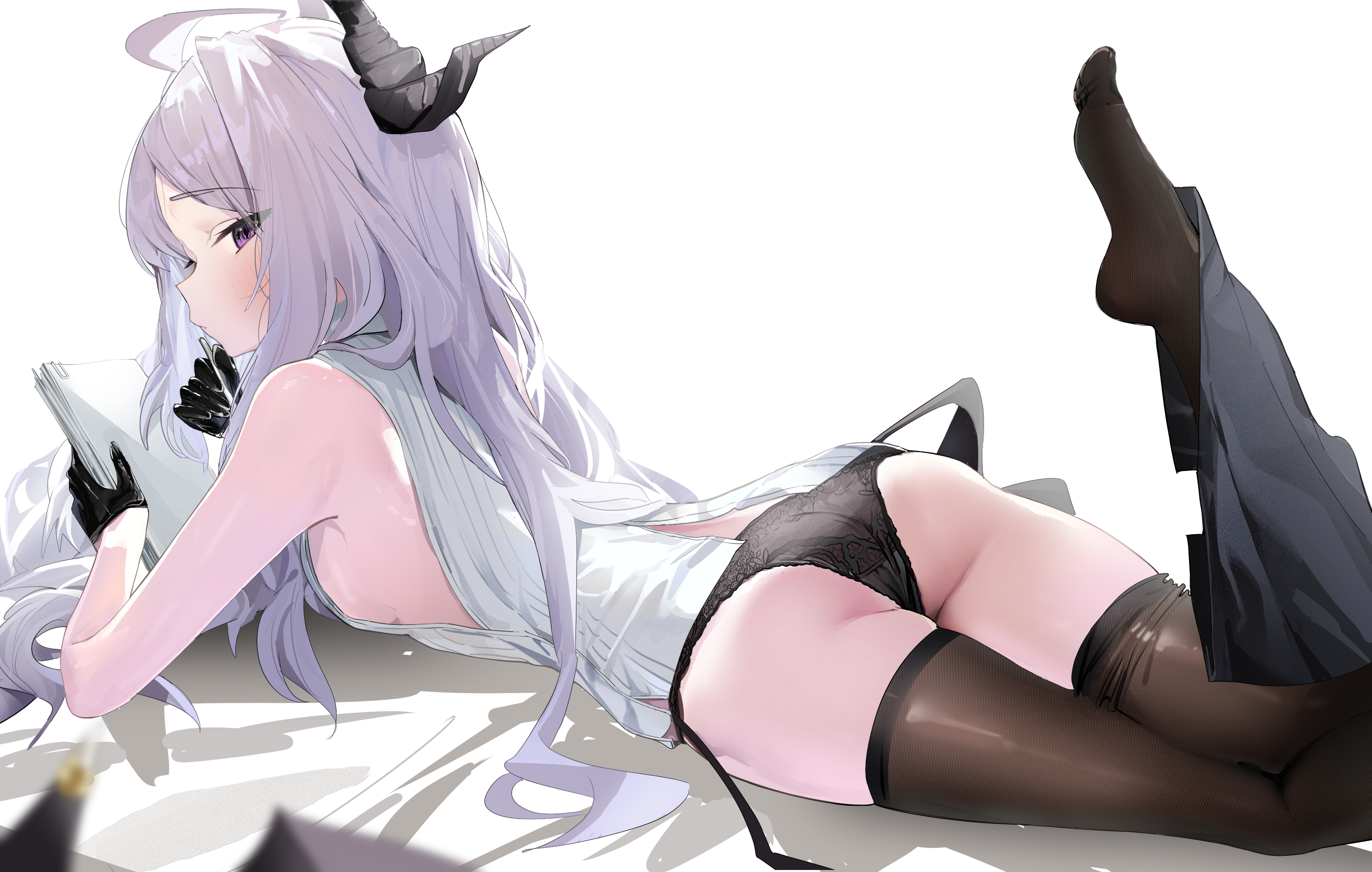 inu lin, hina (blue archive), blue archive, absurdres, highres, 1girl, ahoge, ass, black gloves, black panties, breasts, demon girl, demon horns, demon wings, gloves, half gloves, halo, horns, long hair, looking at viewer, low wings, panties, purple eyes, small breasts, solo, underwear, very long hair, white hair, wings