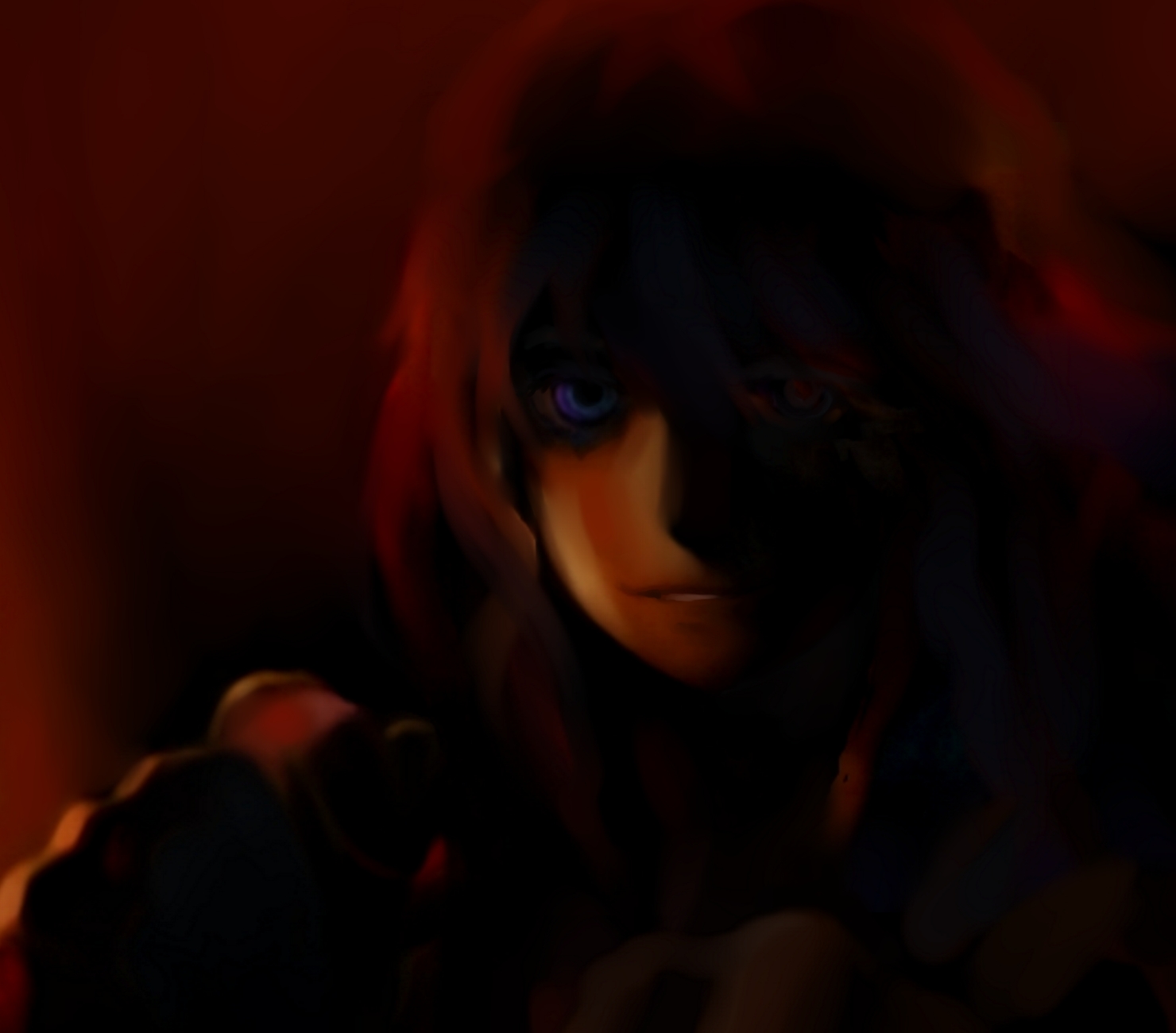 futon (kitsune tsuki), kitsune tsuki, hong meiling, touhou, highres, 1girl, blue eyes, dark, female focus, solo