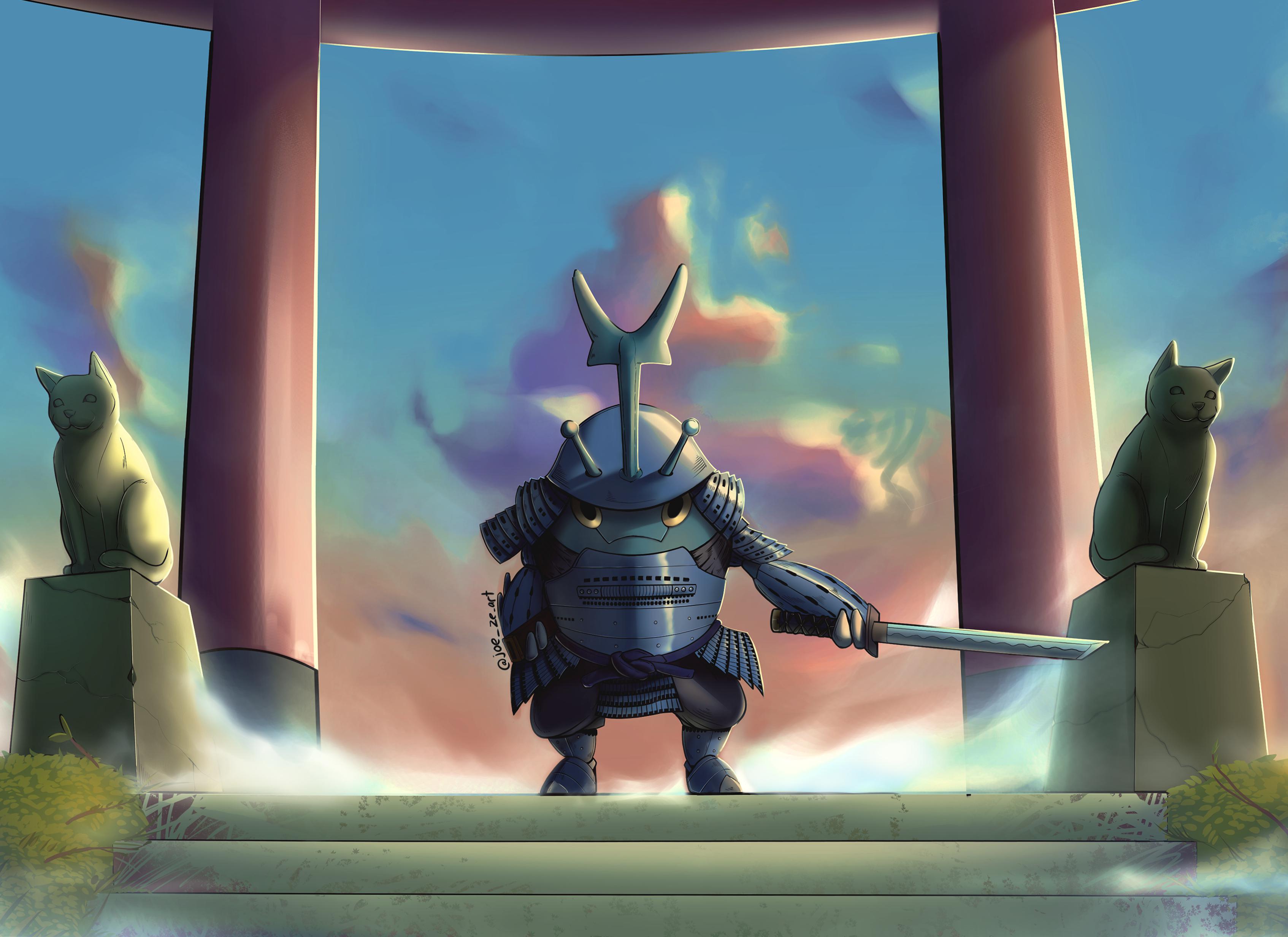 joe westbrook, heracross, nintendo, pokemon, absurdres, commentary, english commentary, highres, gen 2 pokemon, holding, holding sword, holding weapon, japan, no humans, pokemon (creature), signature, smile, solo, stairs, statue, sword, torii, wakizashi, weapon