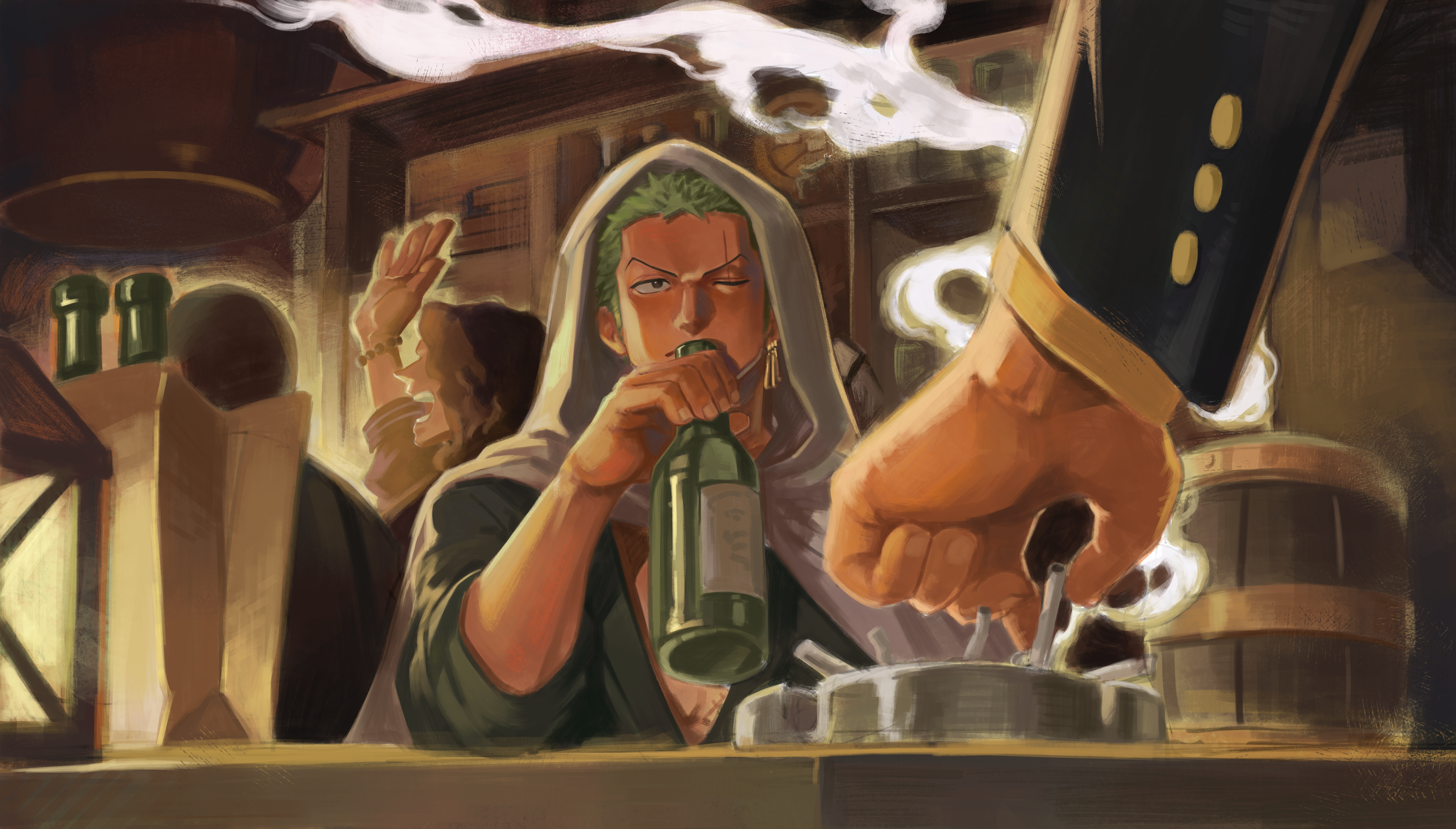 jennyandloiryan, roronoa zoro, sanji (one piece), one piece, absurdres, commentary request, highres, 4boys, ashtray, barrel, bottle, bracelet, cigarette, cloak, earrings, green hair, green kimono, holding, holding bottle, hood, hood up, japanese clothes, jewelry, kimono, long sleeves, looking at another, male focus, multiple boys, out of frame, scar, scar across eye, scar on face, short hair, smoke, smoke trail, smoking, waving