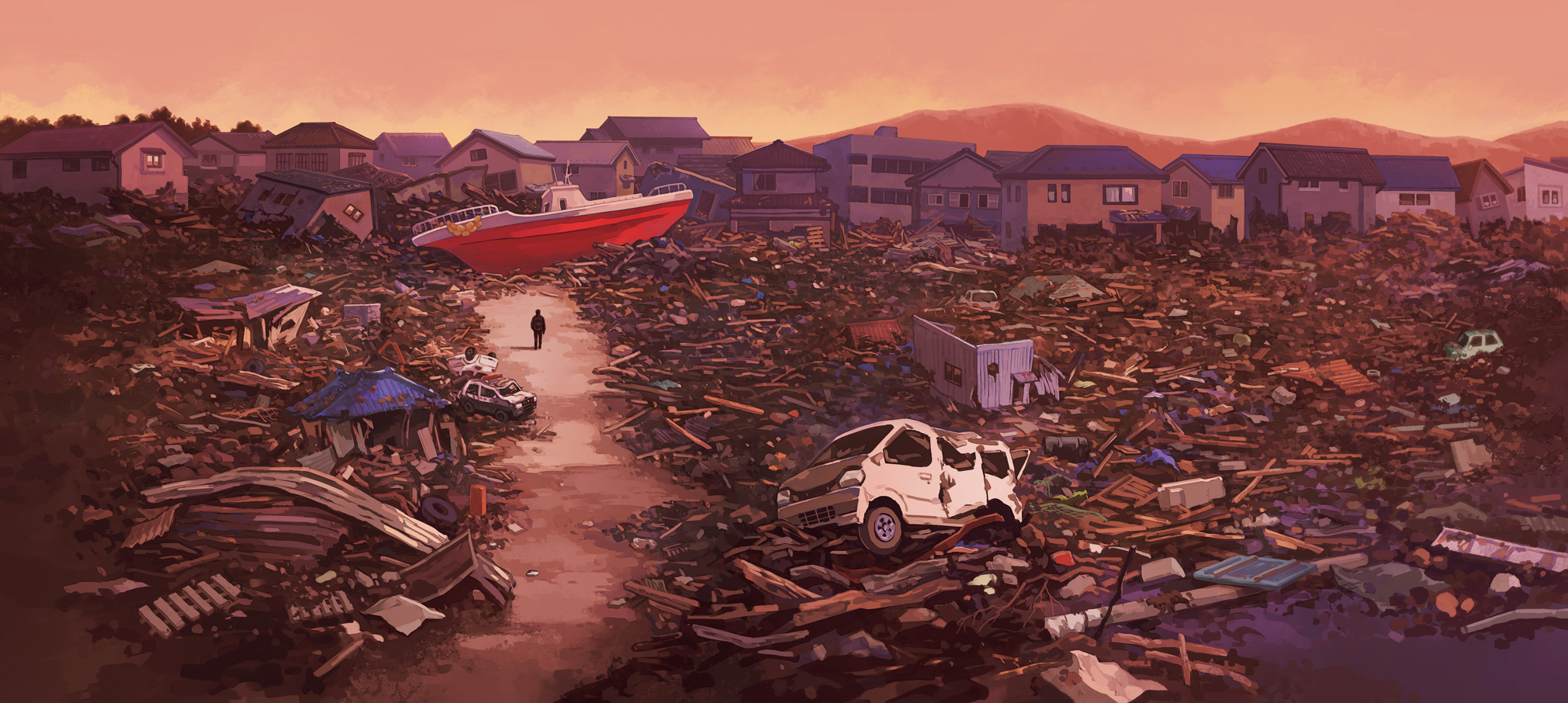 monaka (siromona), commentary request, copyright request, highres, official art, 1other, ambiguous gender, boat, building, car, destruction, evening, house, motor vehicle, mountainous horizon, outdoors, rubble, scenery, sky, standing, very wide shot, watercraft